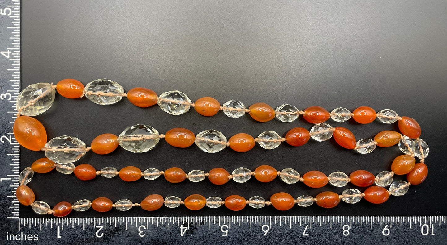 Vintage Art Deco Carnelian gemstone orange & clear glass OR rock crystal faceted bead hand knotted flapper necklace - 1920s, long and heavy