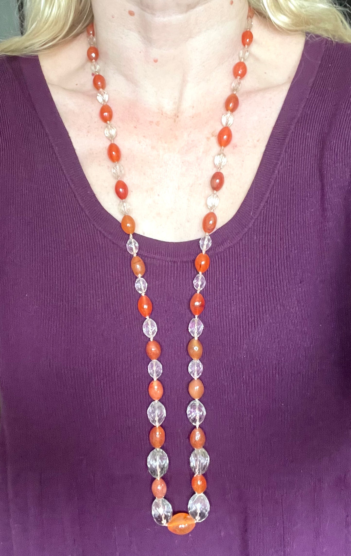 Vintage Art Deco Carnelian gemstone orange & clear glass OR rock crystal faceted bead hand knotted flapper necklace - 1920s, long and heavy