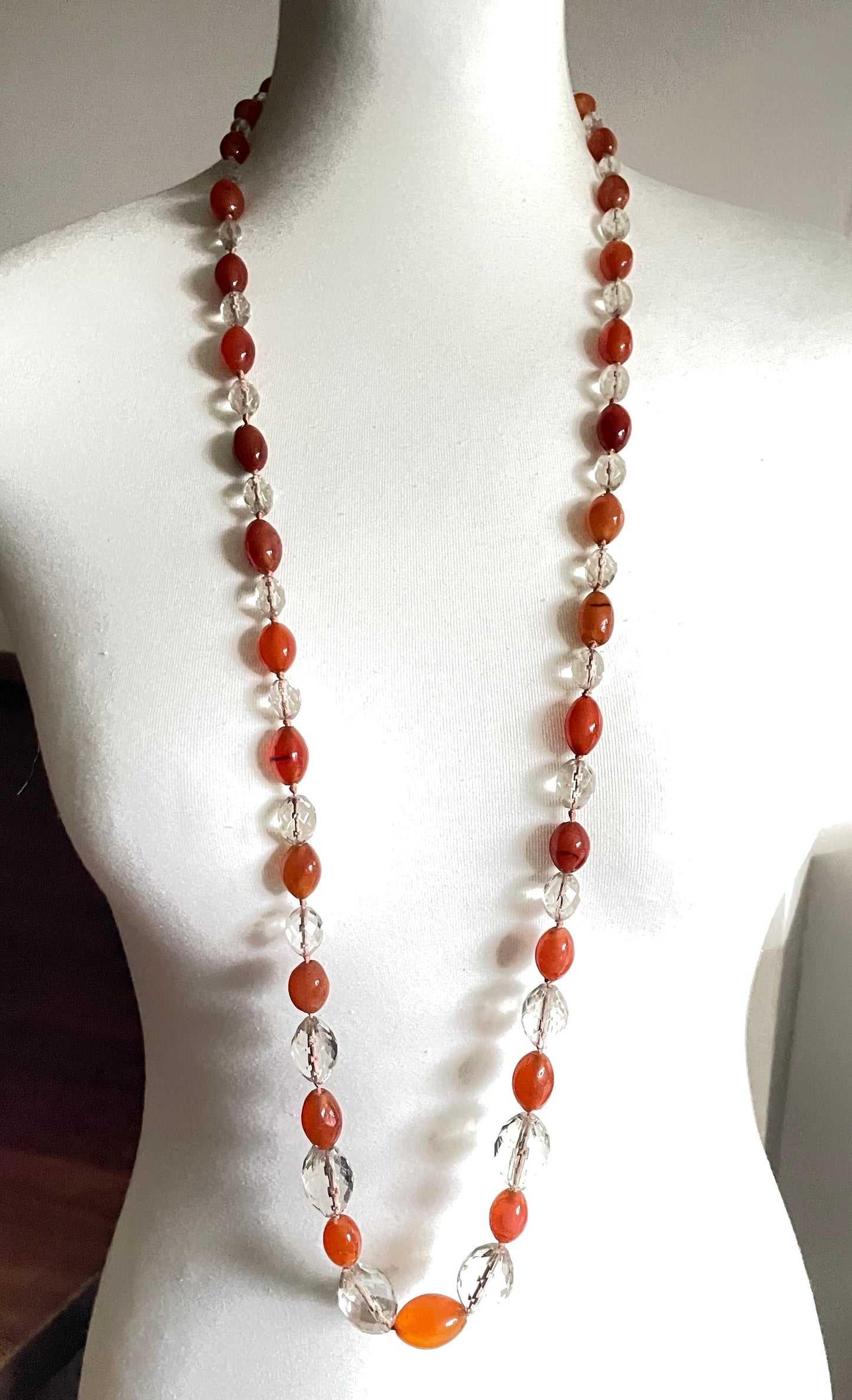 Vintage Art Deco Carnelian gemstone orange & clear glass OR rock crystal faceted bead hand knotted flapper necklace - 1920s, long and heavy