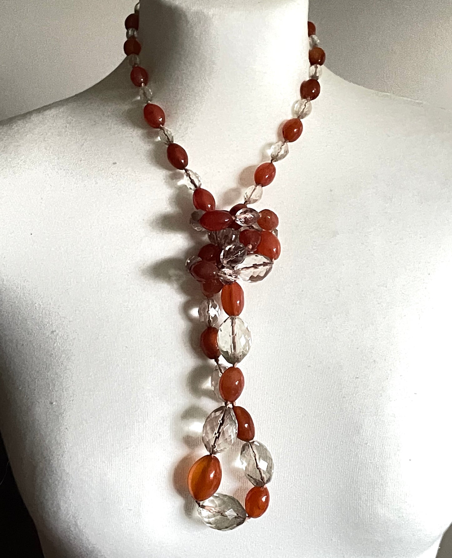 Vintage Art Deco Carnelian gemstone orange & clear glass OR rock crystal faceted bead hand knotted flapper necklace - 1920s, long and heavy