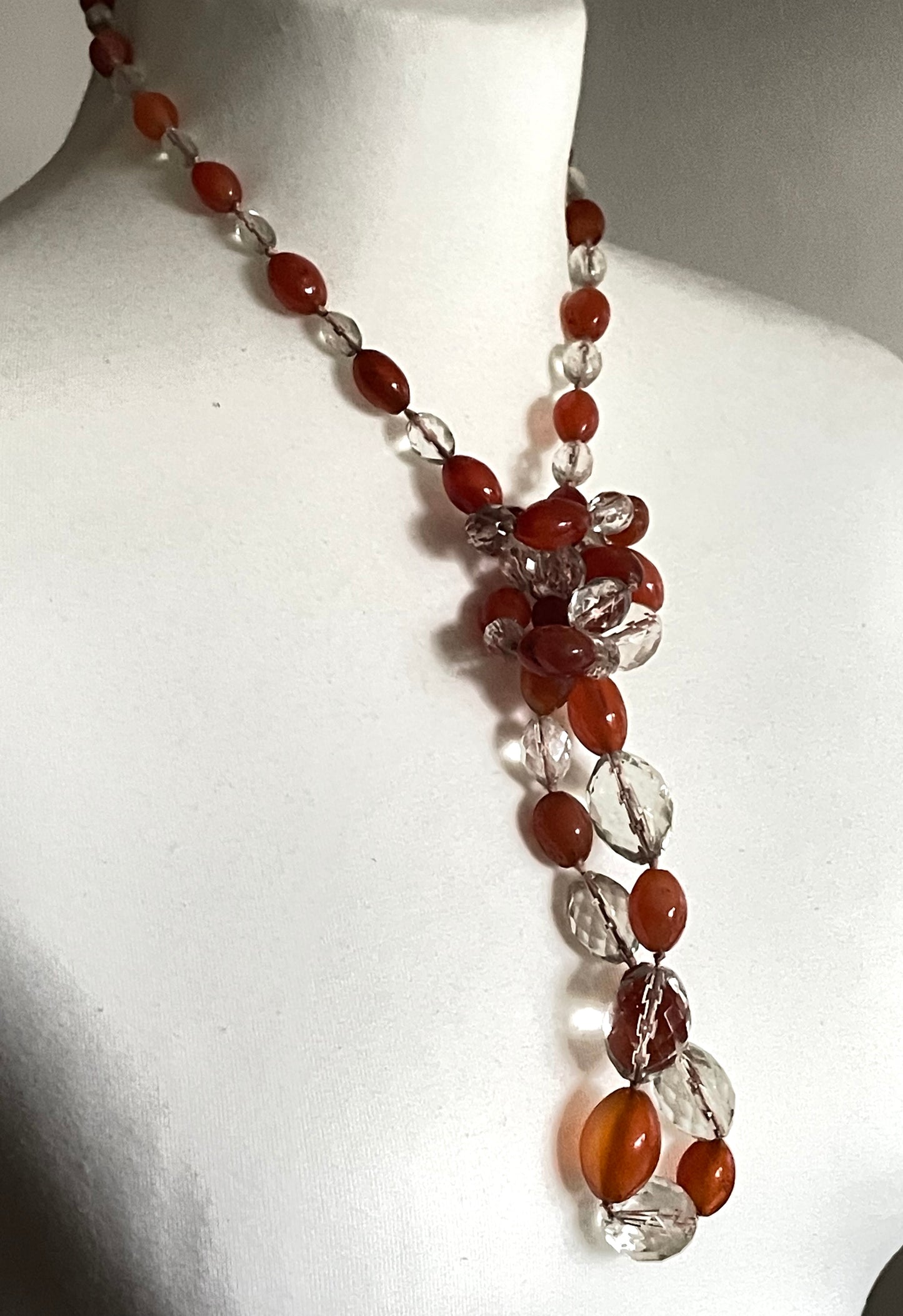 Vintage Art Deco Carnelian gemstone orange & clear glass OR rock crystal faceted bead hand knotted flapper necklace - 1920s, long and heavy