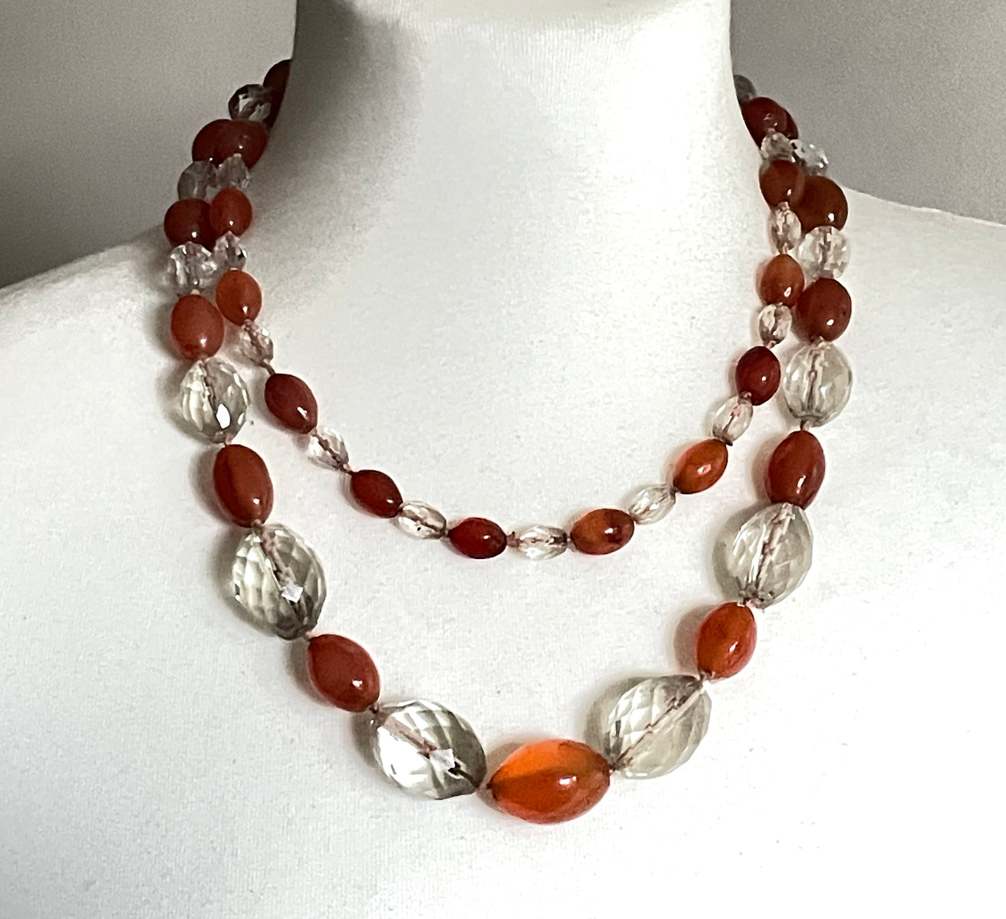 Vintage Art Deco Carnelian gemstone orange & clear glass OR rock crystal faceted bead hand knotted flapper necklace - 1920s, long and heavy