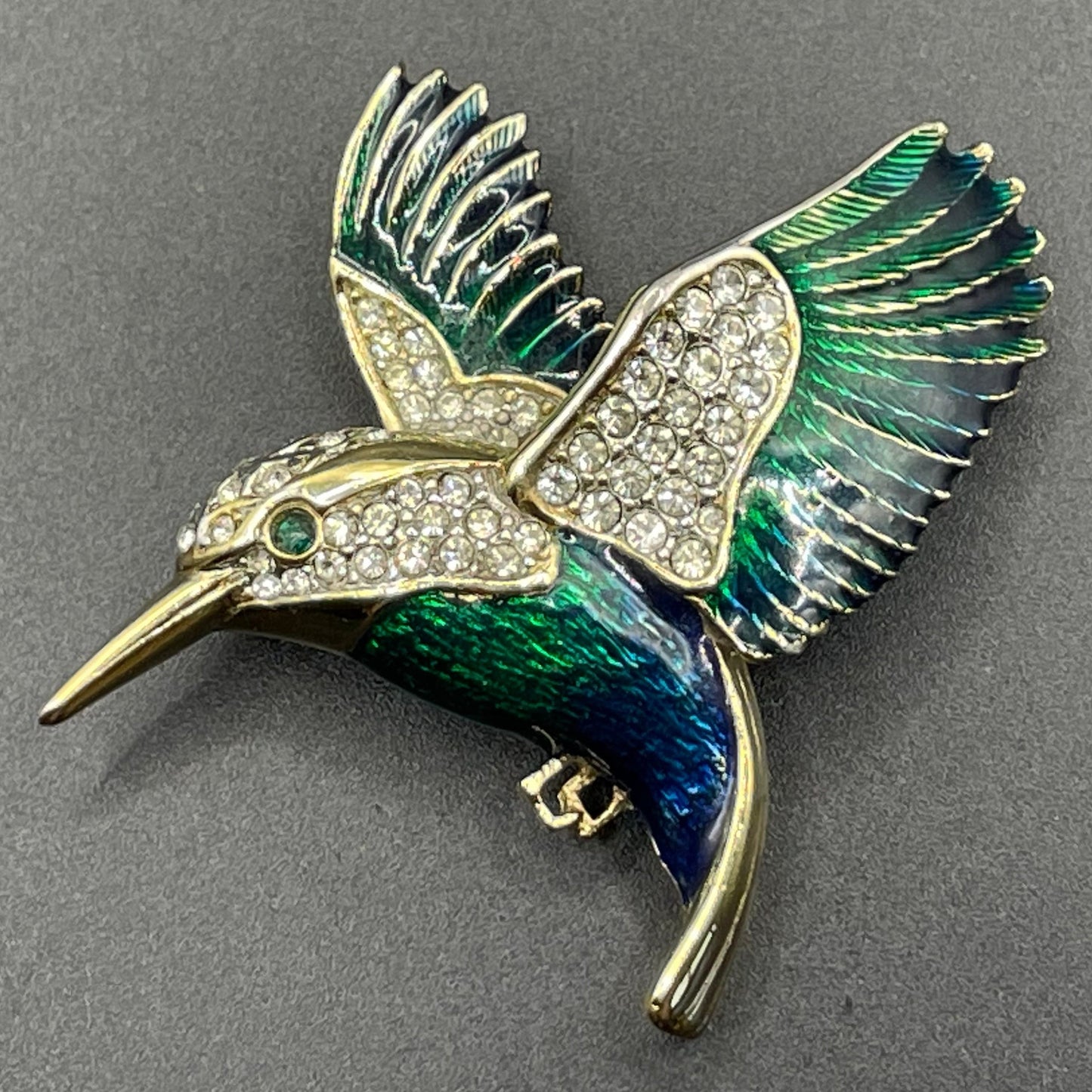Vintage signed Attwood and Sawyer A&S  22ct gold plated, blue and green enamel and rhinestone bird brooch