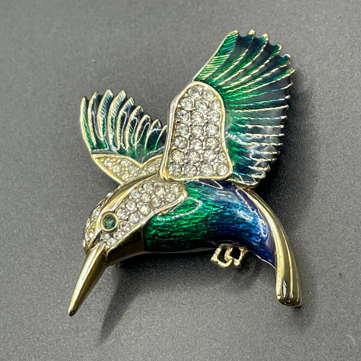 Vintage signed Attwood and Sawyer A&S  22ct gold plated, blue and green enamel and rhinestone bird brooch