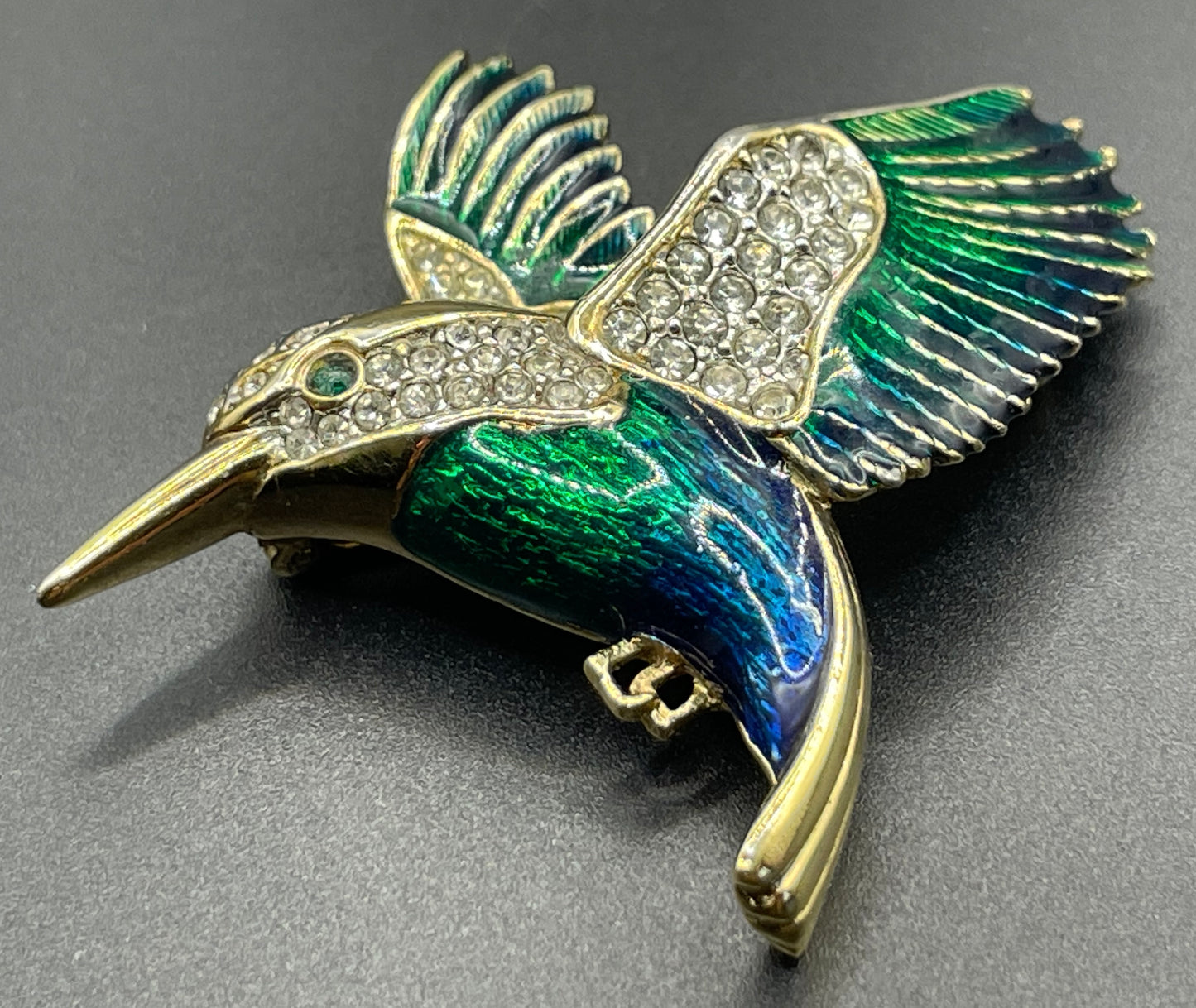 Vintage signed Attwood and Sawyer A&S  22ct gold plated, blue and green enamel and rhinestone bird brooch
