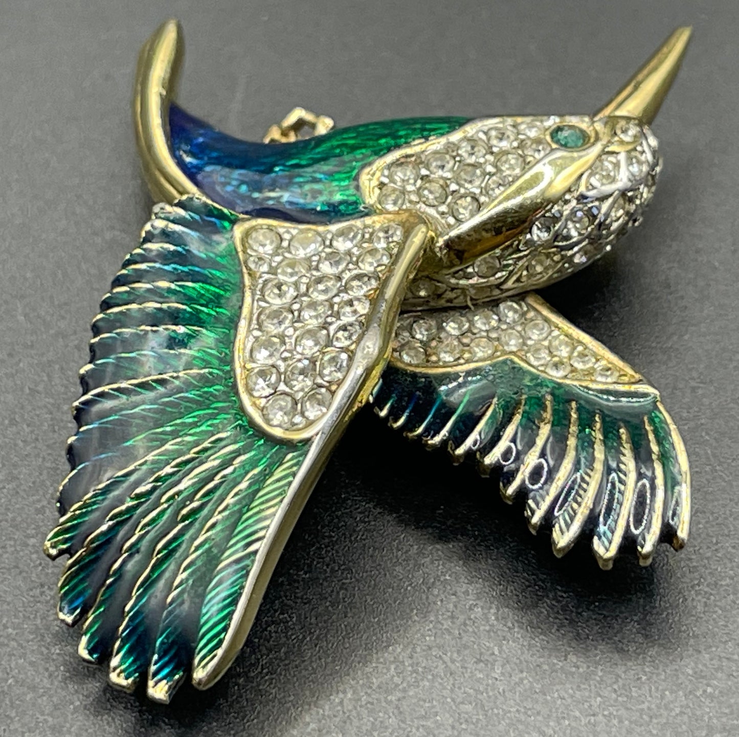 Vintage signed Attwood and Sawyer A&S  22ct gold plated, blue and green enamel and rhinestone bird brooch