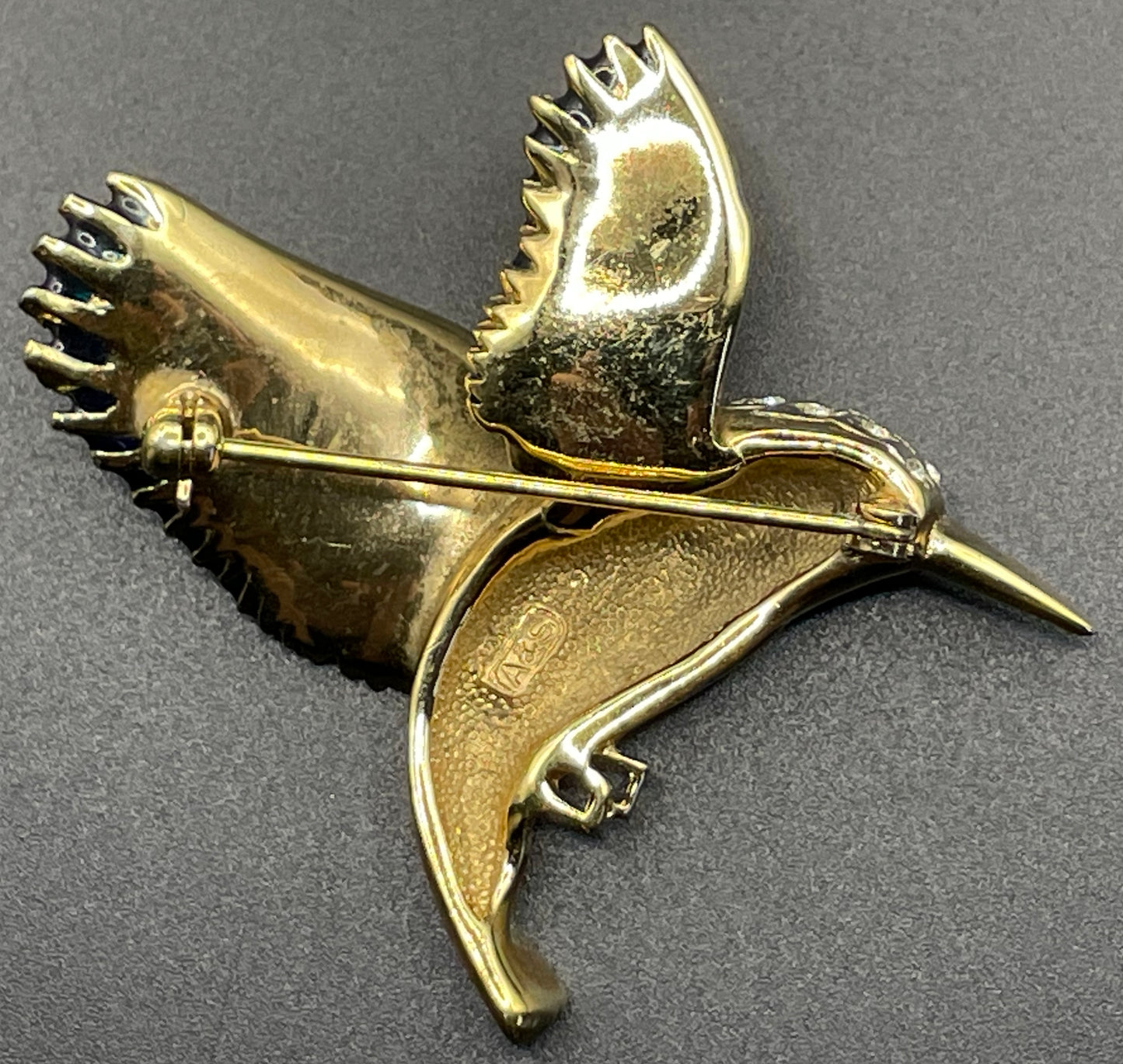 Vintage signed Attwood and Sawyer A&S  22ct gold plated, blue and green enamel and rhinestone bird brooch