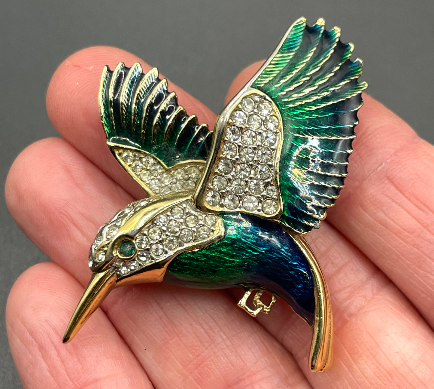 Vintage signed Attwood and Sawyer A&S  22ct gold plated, blue and green enamel and rhinestone bird brooch