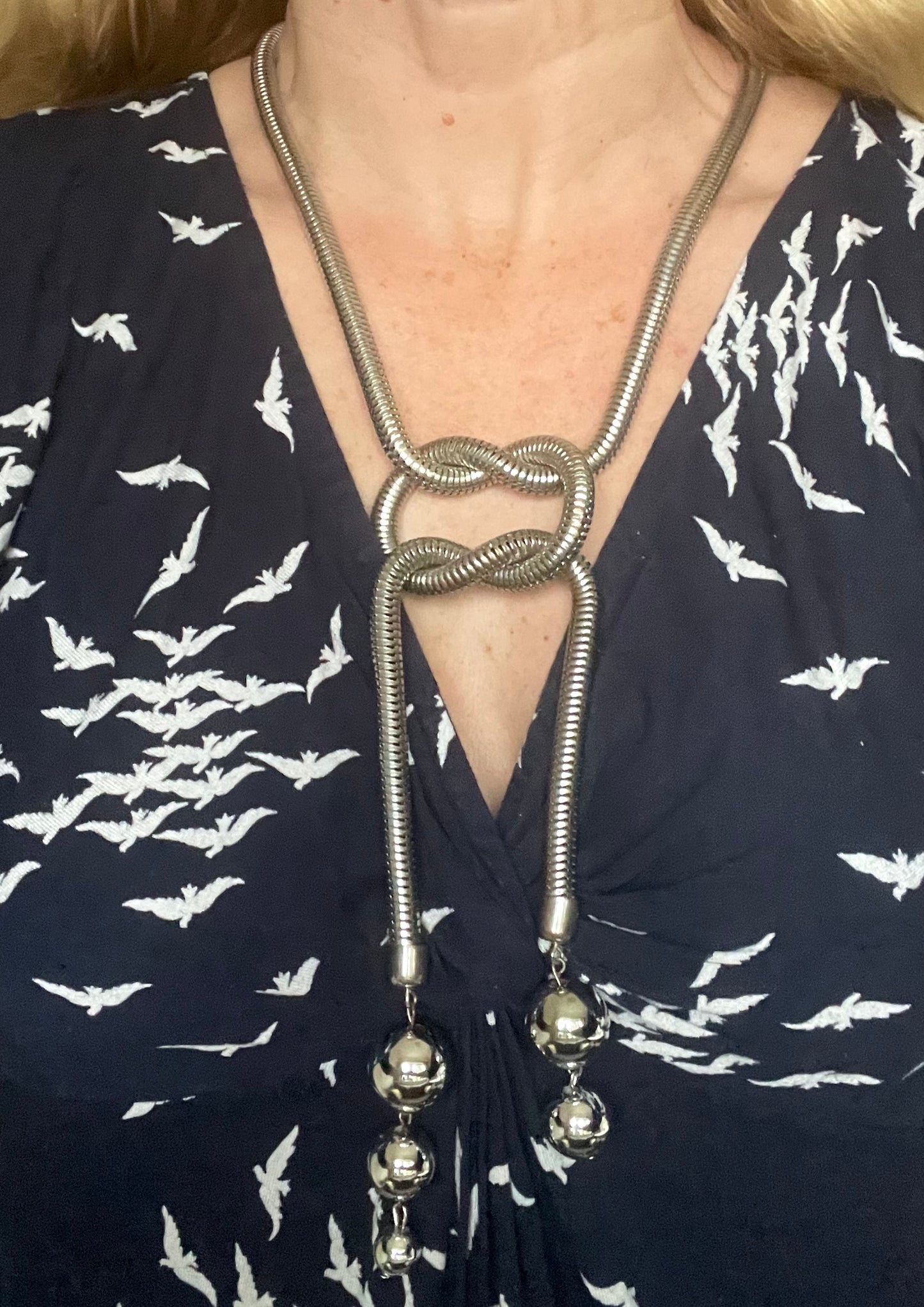 Vintage Jakob Bengel style Art Deco machine age style chrome thick snake chain knot sautoir necklace with silver tone balls & clip earrings