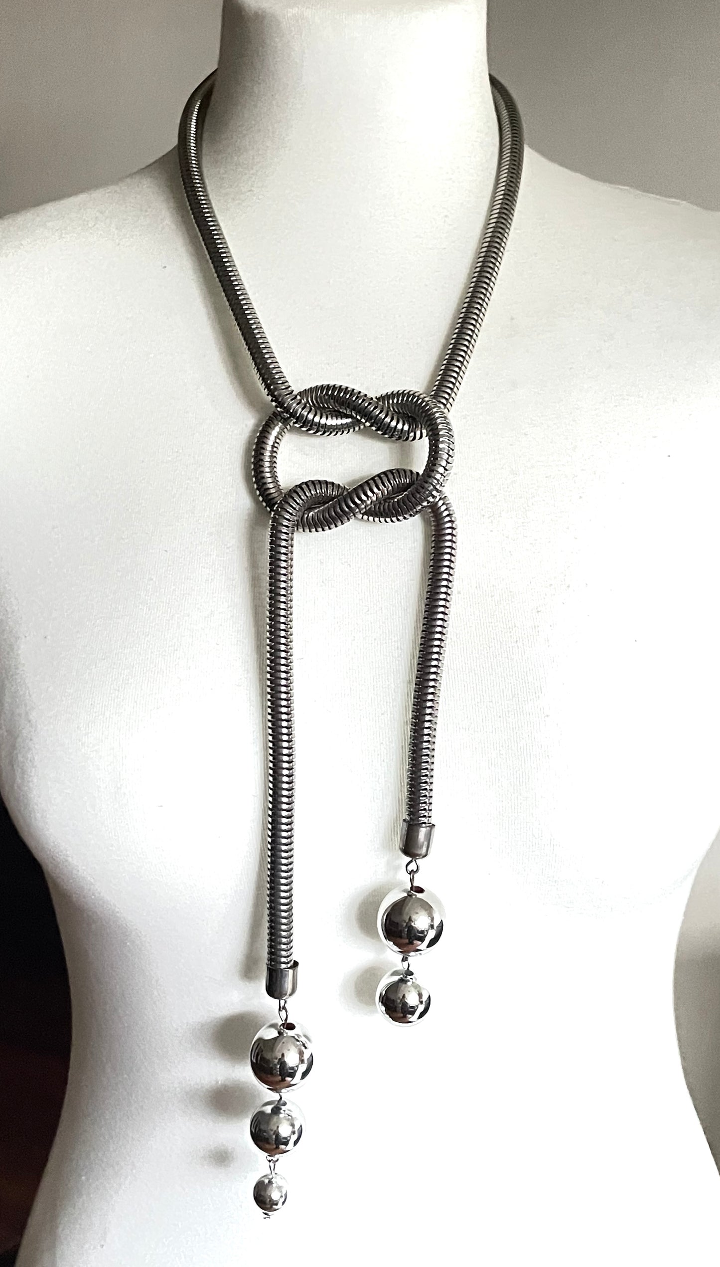 Vintage Jakob Bengel style Art Deco machine age style chrome thick snake chain knot sautoir necklace with silver tone balls & clip earrings