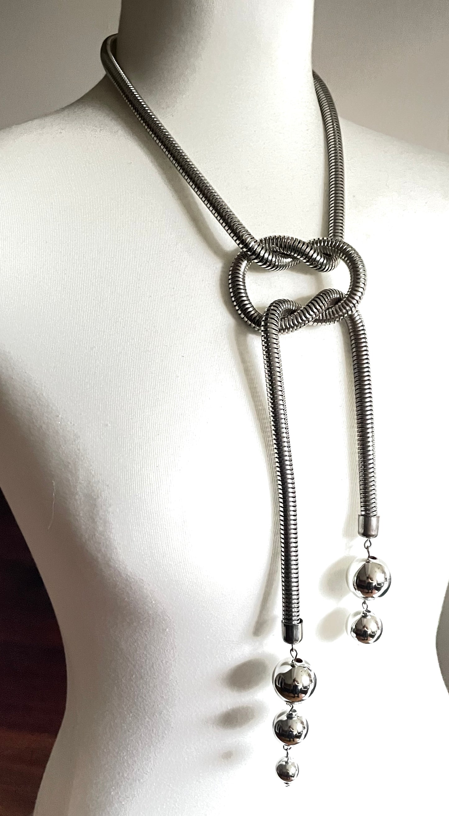 Vintage Jakob Bengel style Art Deco machine age style chrome thick snake chain knot sautoir necklace with silver tone balls & clip earrings