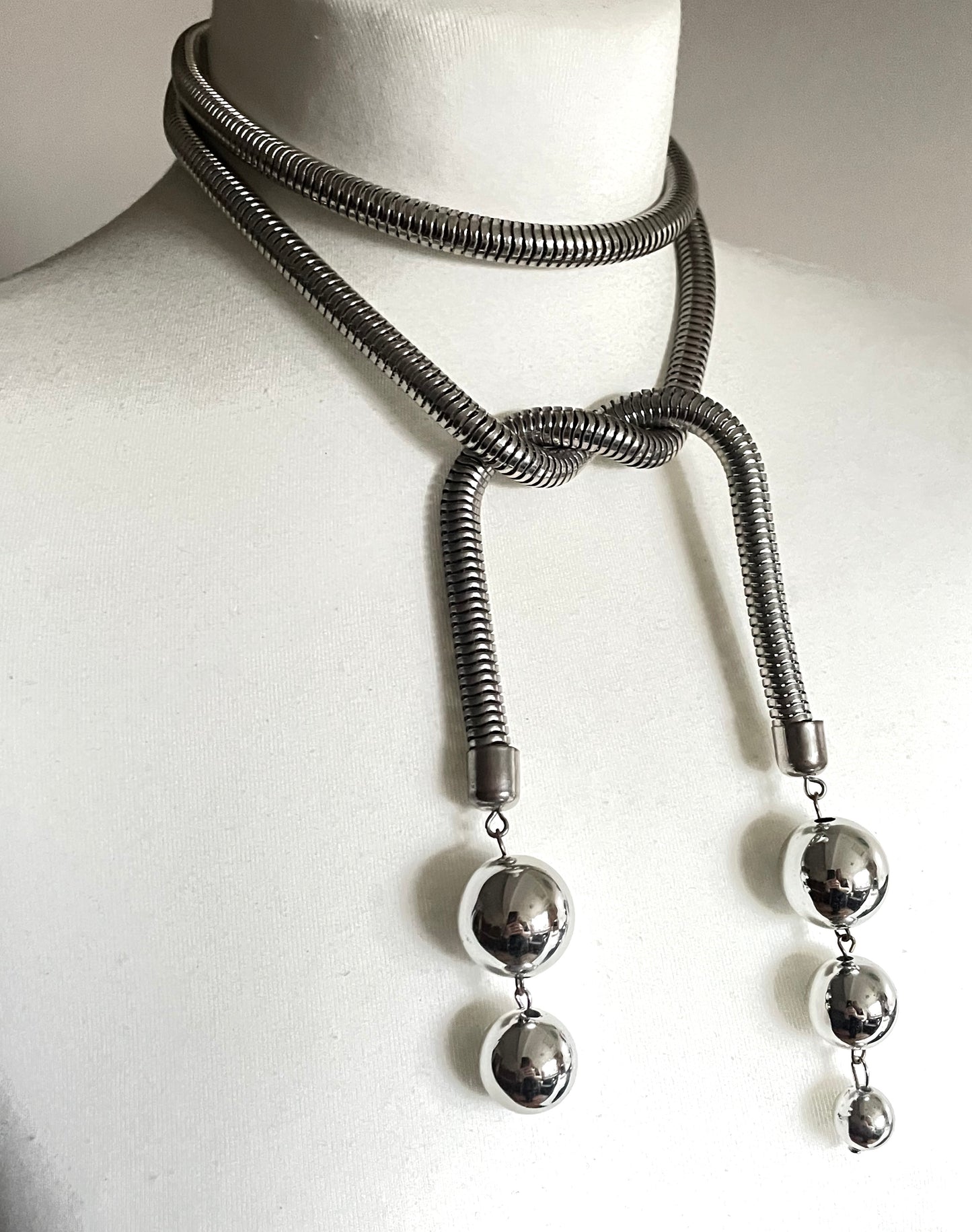 Vintage Jakob Bengel style Art Deco machine age style chrome thick snake chain knot sautoir necklace with silver tone balls & clip earrings