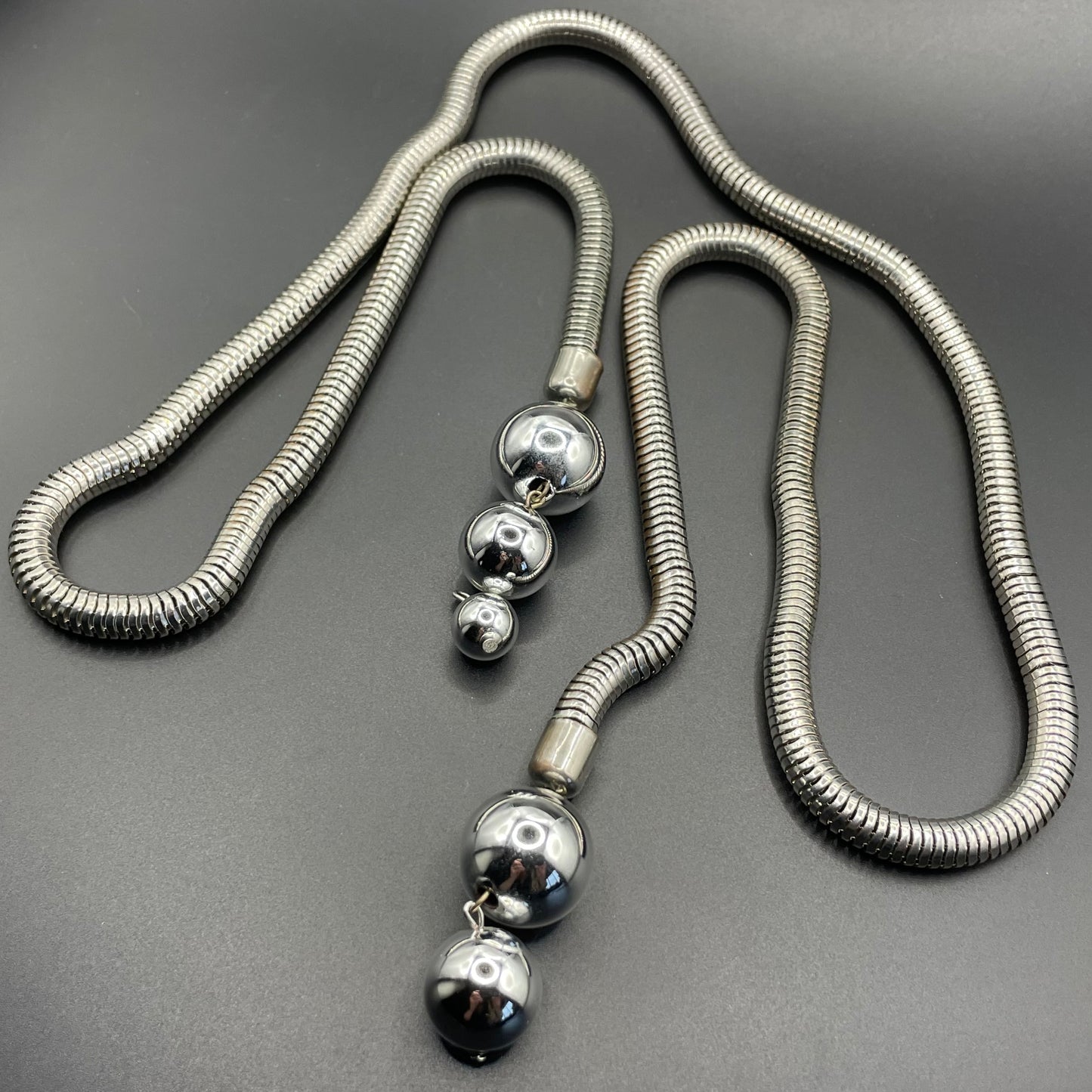 Vintage Jakob Bengel style Art Deco machine age style chrome thick snake chain knot sautoir necklace with silver tone balls & clip earrings