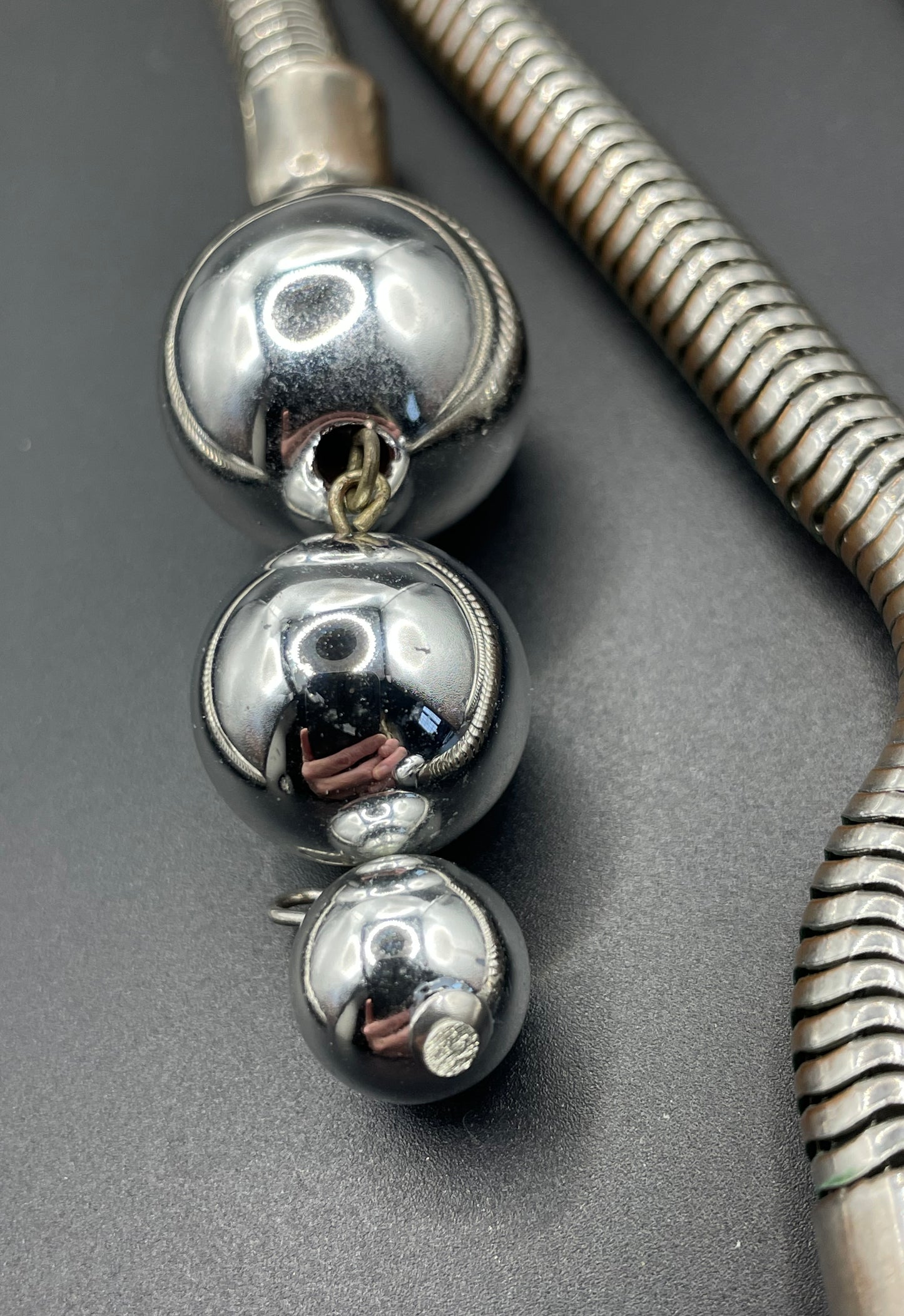 Vintage Jakob Bengel style Art Deco machine age style chrome thick snake chain knot sautoir necklace with silver tone balls & clip earrings