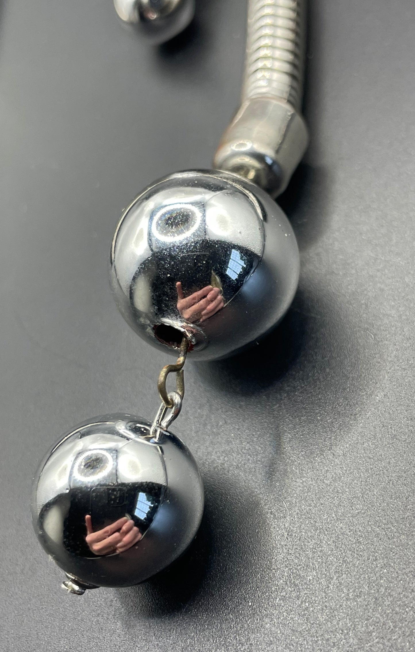 Vintage Jakob Bengel style Art Deco machine age style chrome thick snake chain knot sautoir necklace with silver tone balls & clip earrings