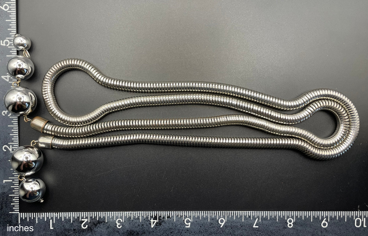 Vintage Jakob Bengel style Art Deco machine age style chrome thick snake chain knot sautoir necklace with silver tone balls & clip earrings