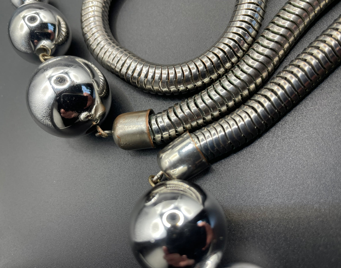 Vintage Jakob Bengel style Art Deco machine age style chrome thick snake chain knot sautoir necklace with silver tone balls & clip earrings