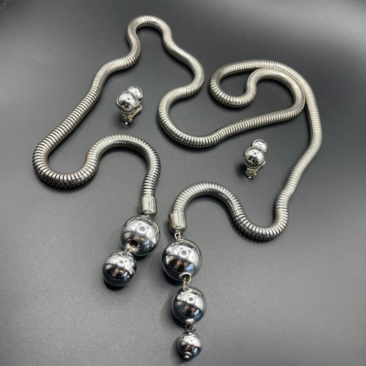 Vintage Jakob Bengel style Art Deco machine age style chrome thick snake chain knot sautoir necklace with silver tone balls & clip earrings