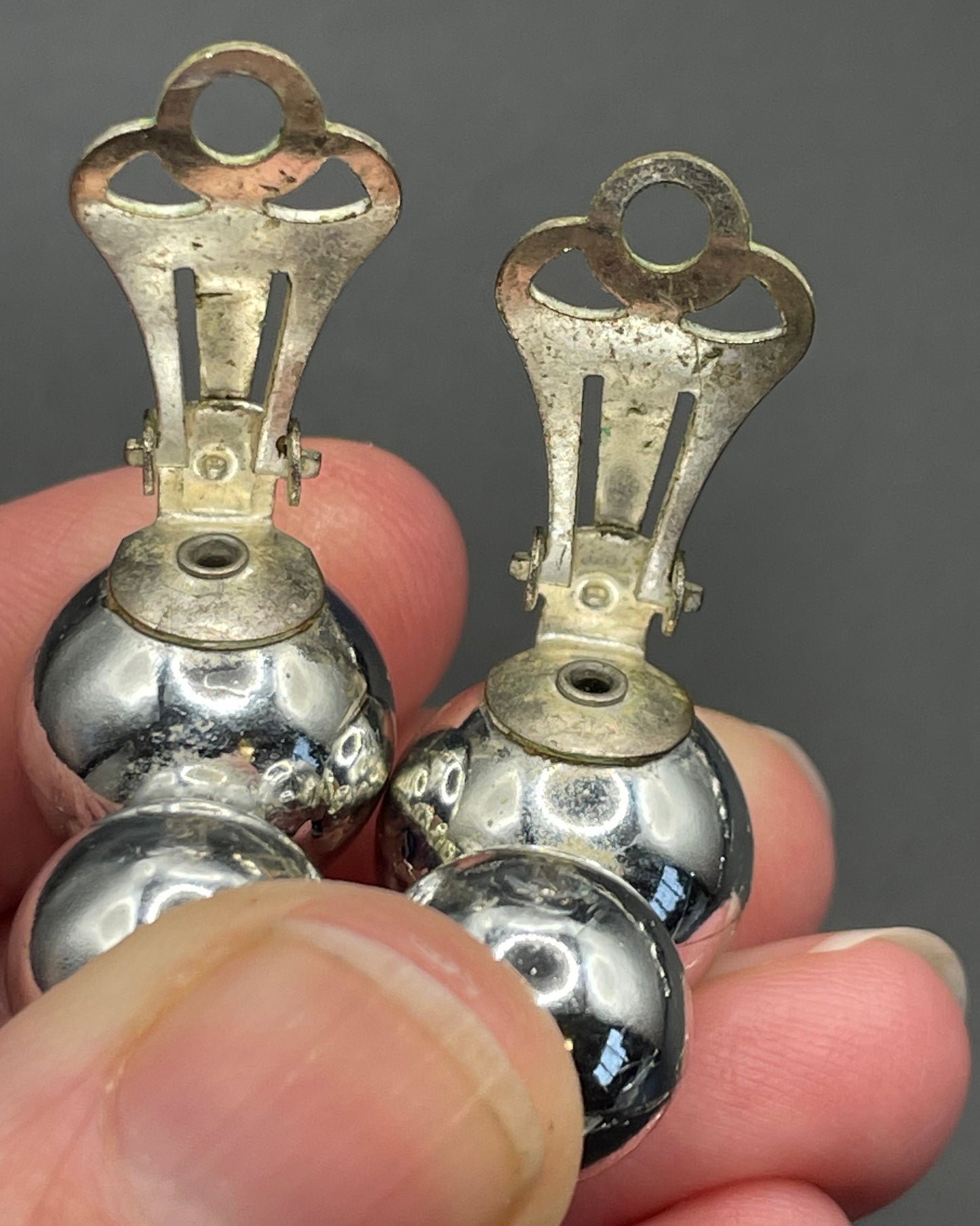 Vintage Jakob Bengel style Art Deco machine age style chrome thick snake chain knot sautoir necklace with silver tone balls & clip earrings