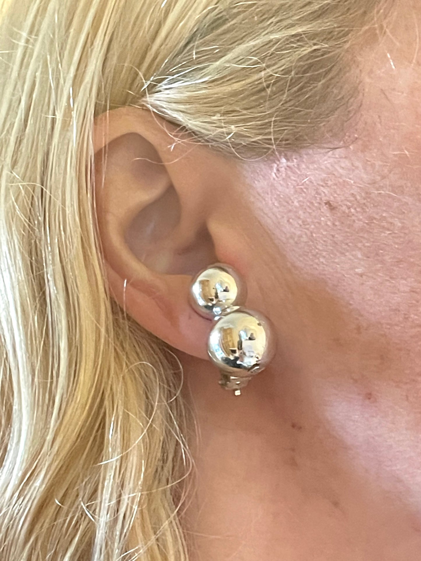 Vintage Jakob Bengel style Art Deco machine age style chrome thick snake chain knot sautoir necklace with silver tone balls & clip earrings