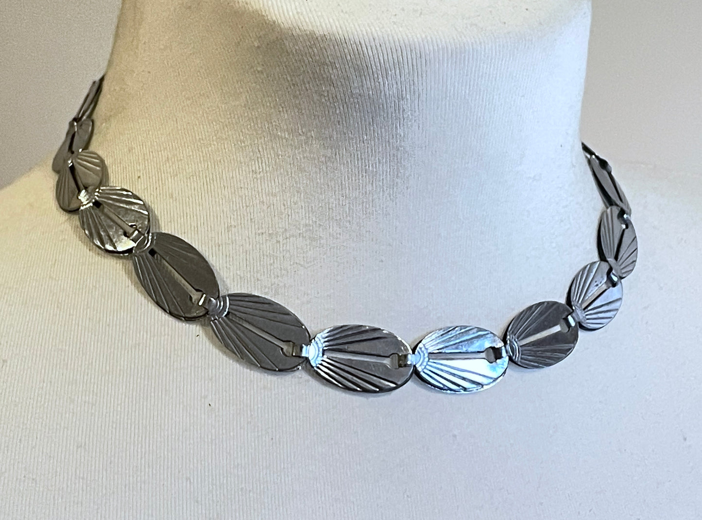 Vintage Jakob Bengel Art Deco machine age chrome geometric necklace from the 1930s