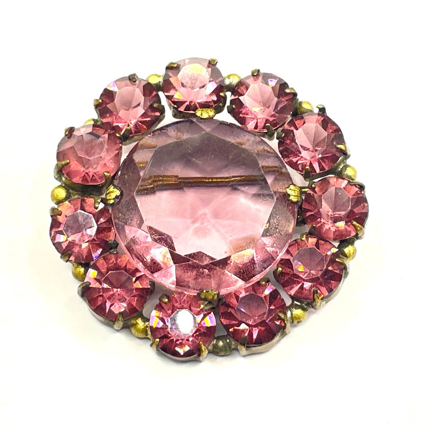 Vintage Art Deco 1930s Czech amethyst purple glass, open-backed paste rhinestone brooch pin in antique gold tone