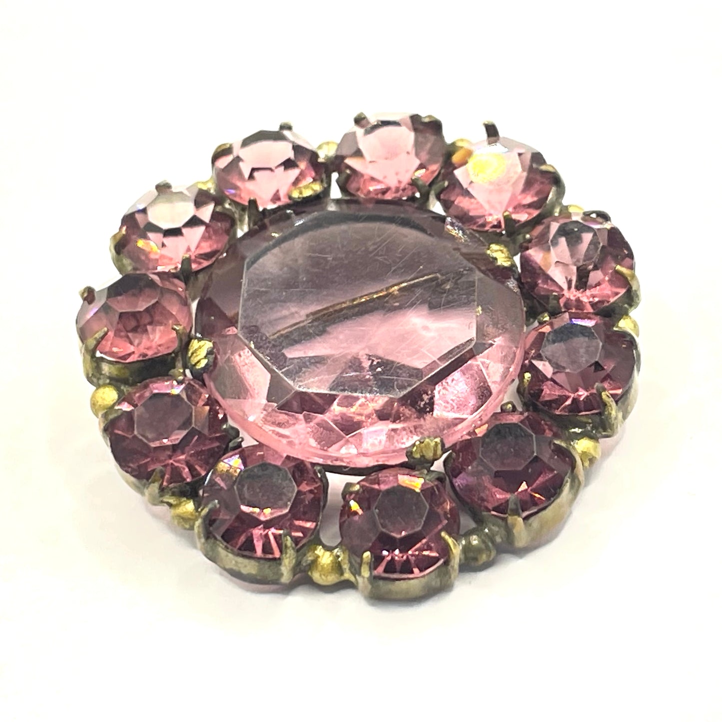 Vintage Art Deco 1930s Czech amethyst purple glass, open-backed paste rhinestone brooch pin in antique gold tone