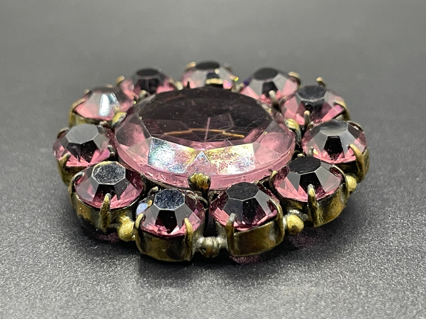 Vintage Art Deco 1930s Czech amethyst purple glass, open-backed paste rhinestone brooch pin in antique gold tone