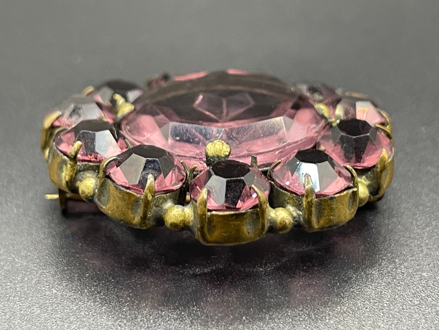 Vintage Art Deco 1930s Czech amethyst purple glass, open-backed paste rhinestone brooch pin in antique gold tone