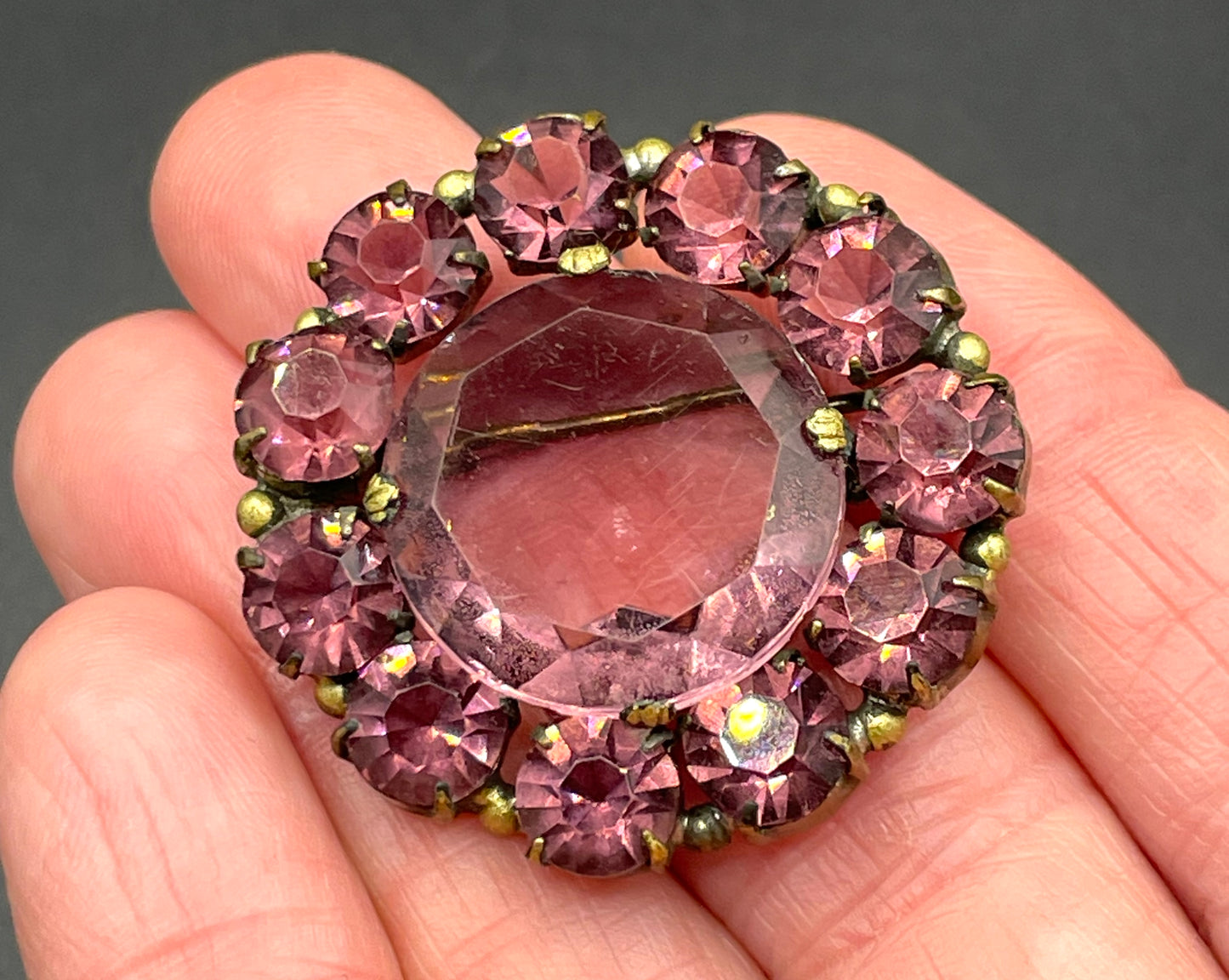 Vintage Art Deco 1930s Czech amethyst purple glass, open-backed paste rhinestone brooch pin in antique gold tone