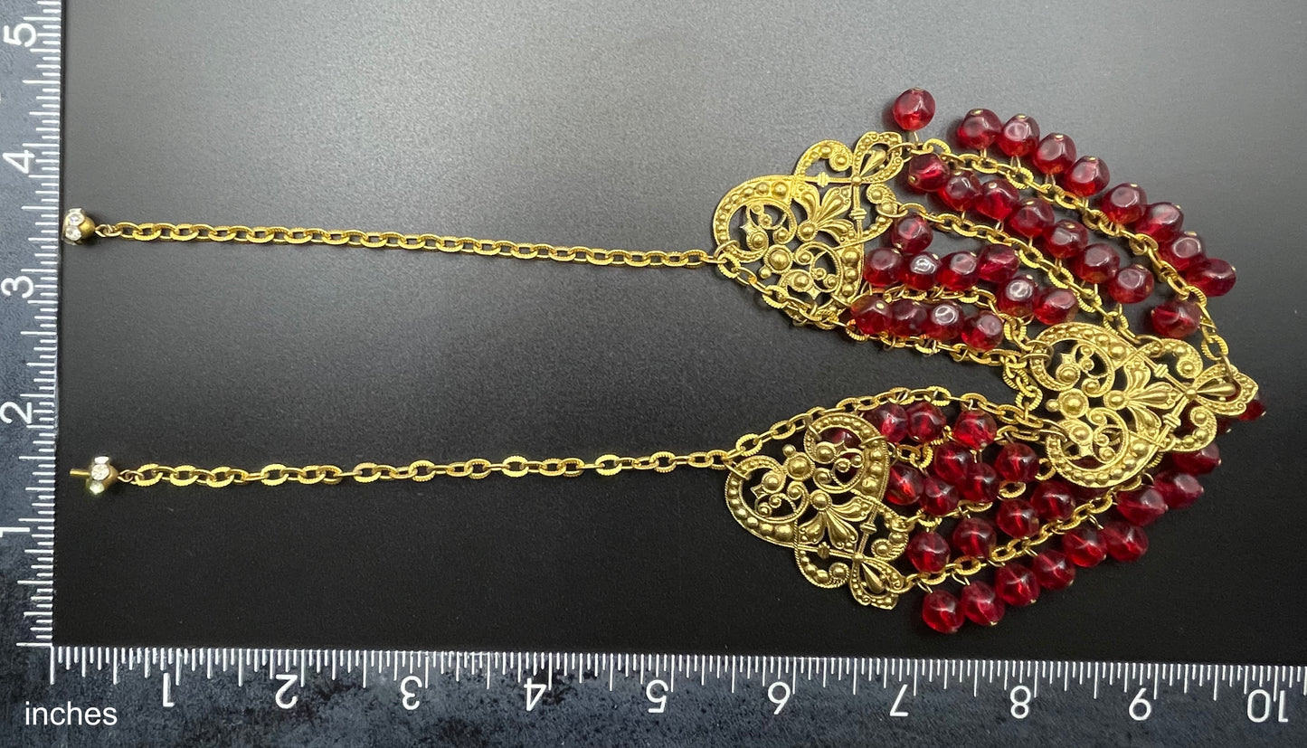 Vintage ruby red poured glass beaded festoon fringe necklace with gold tone filigree panels, French or Czech or perhaps Miriam Haskell style