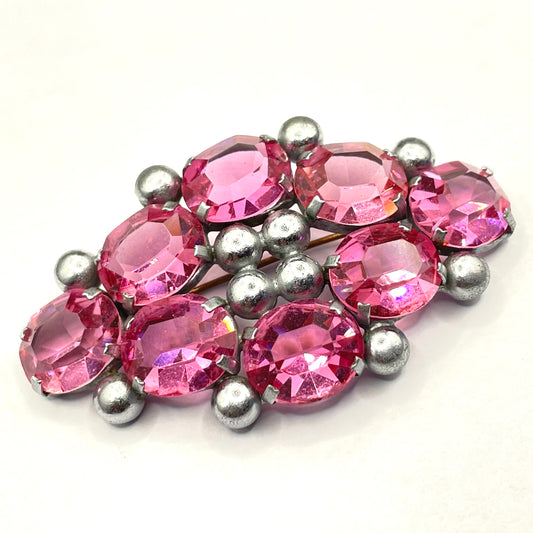 Vintage Art Deco chrome and ruby pink glass open-backed rhinestone brooch pin, machine age