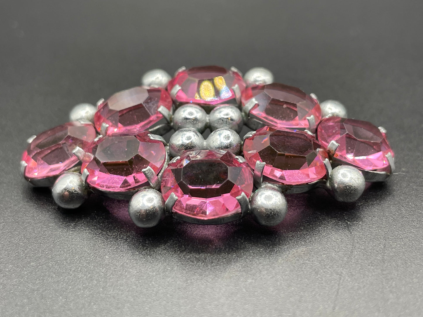 Vintage Art Deco chrome and ruby pink glass open-backed rhinestone brooch pin, machine age