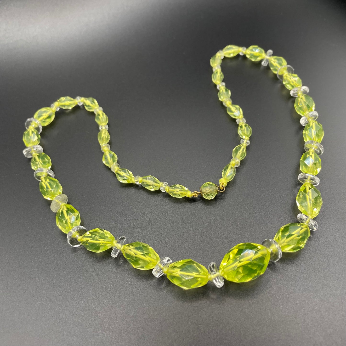 Vintage uranium glass and clear faceted crystal bead Art Deco necklace with pretty bead box clasp - fabulous beads that glow under UV light