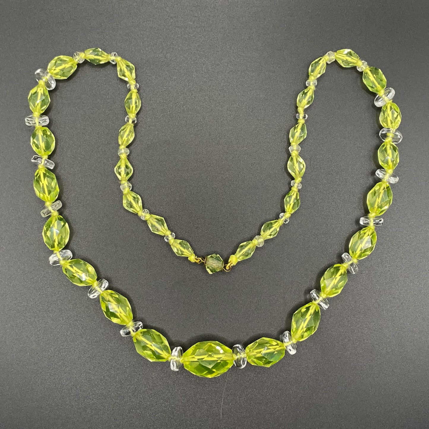 Vintage uranium glass and clear faceted crystal bead Art Deco necklace with pretty bead box clasp - fabulous beads that glow under UV light