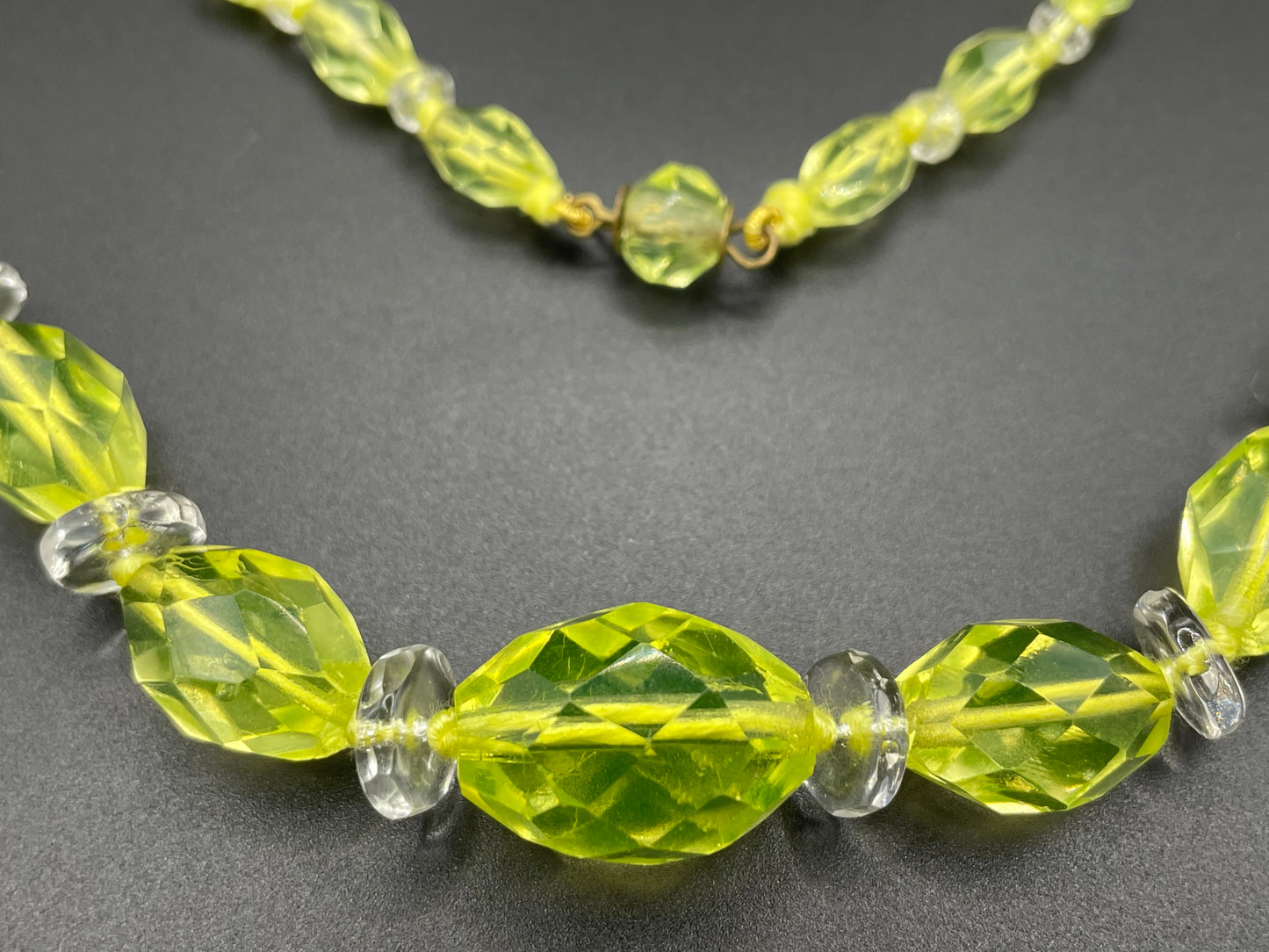 Vintage uranium glass and clear faceted crystal bead Art Deco necklace with pretty bead box clasp - fabulous beads that glow under UV light