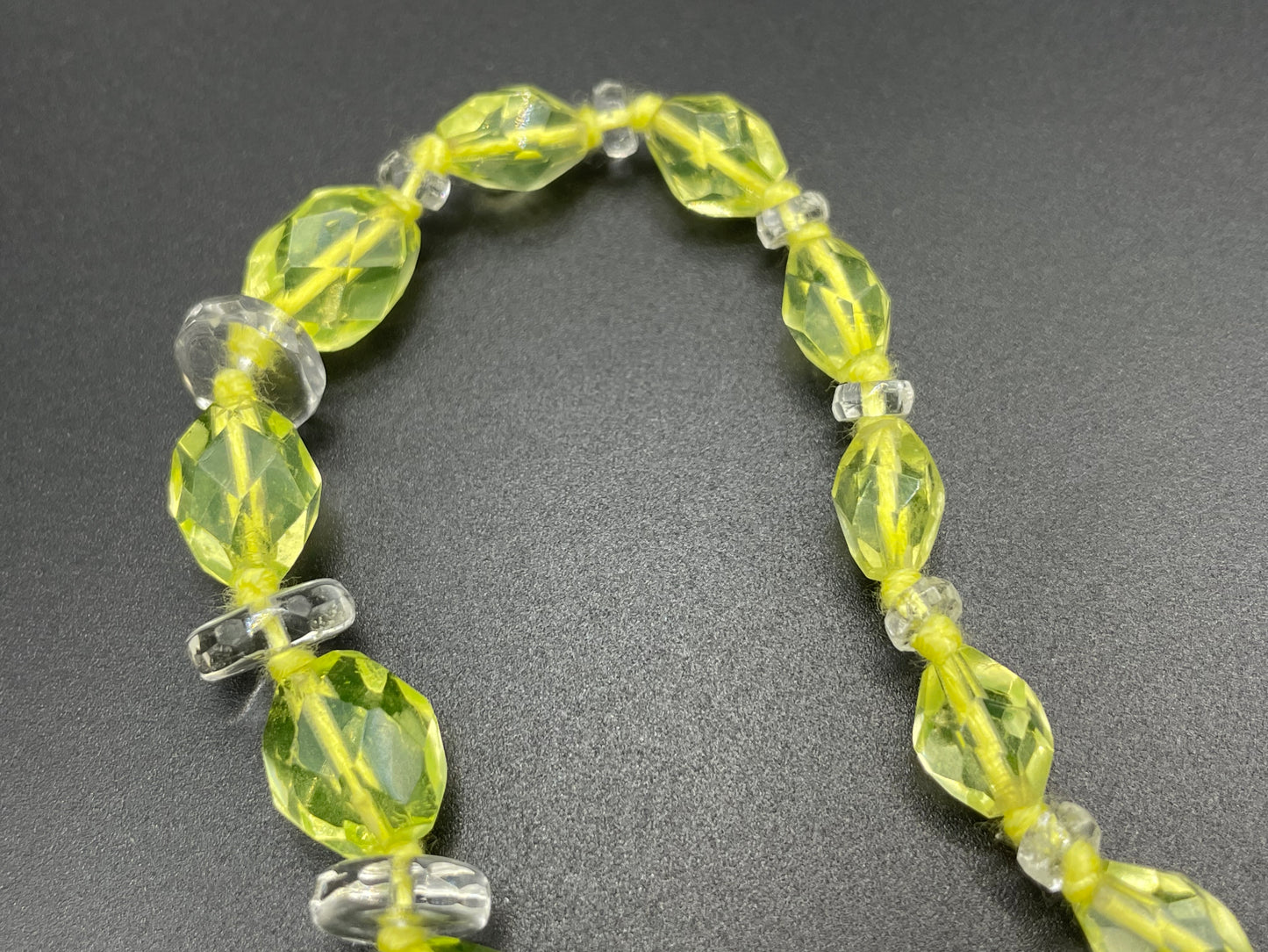 Vintage uranium glass and clear faceted crystal bead Art Deco necklace with pretty bead box clasp - fabulous beads that glow under UV light