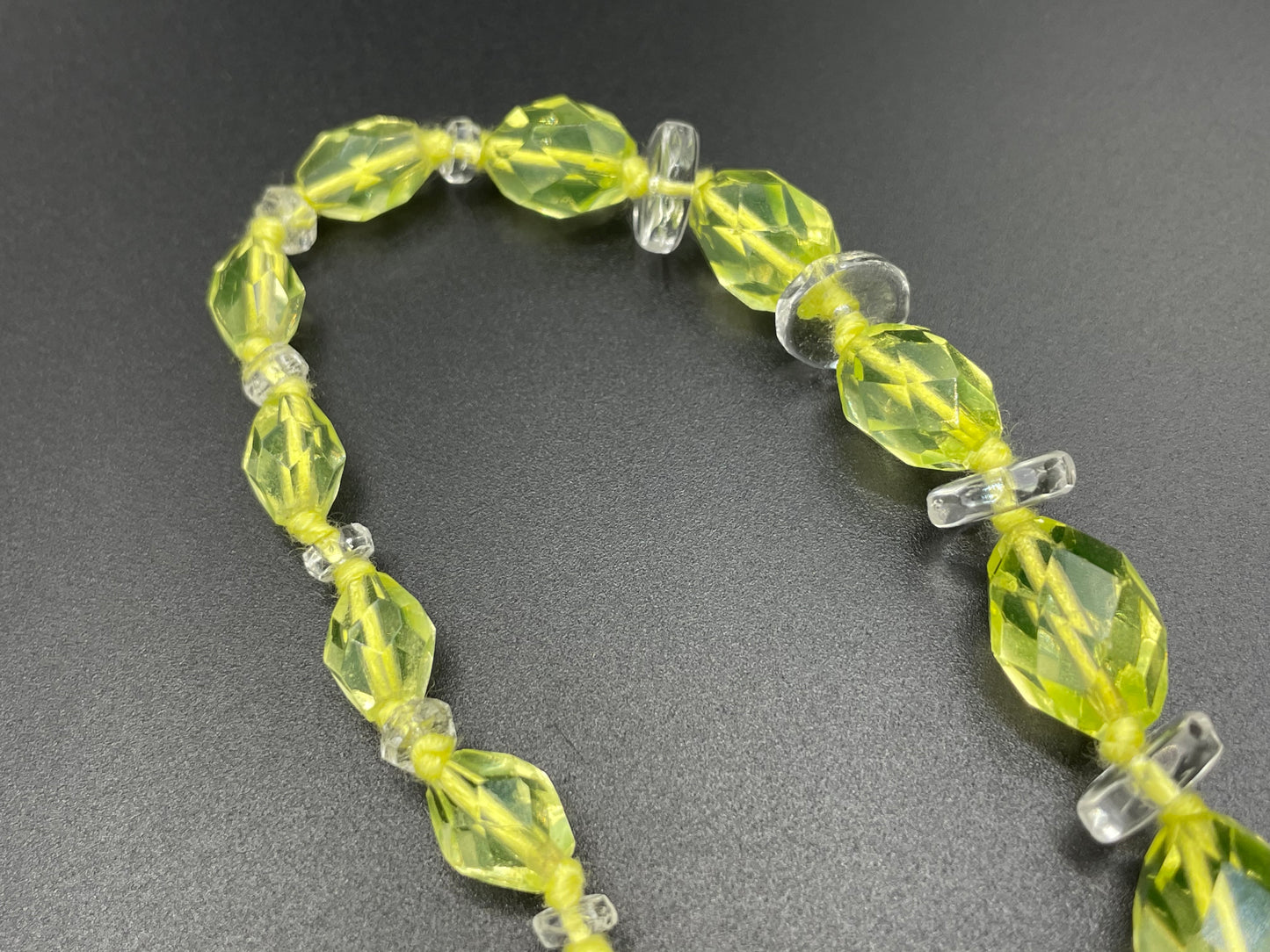 Vintage uranium glass and clear faceted crystal bead Art Deco necklace with pretty bead box clasp - fabulous beads that glow under UV light