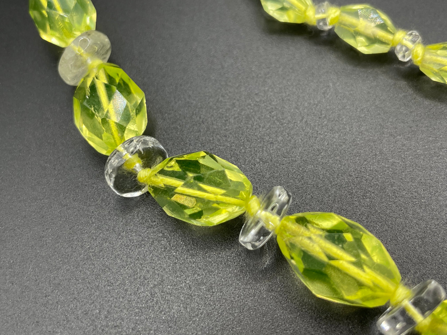 Vintage uranium glass and clear faceted crystal bead Art Deco necklace with pretty bead box clasp - fabulous beads that glow under UV light