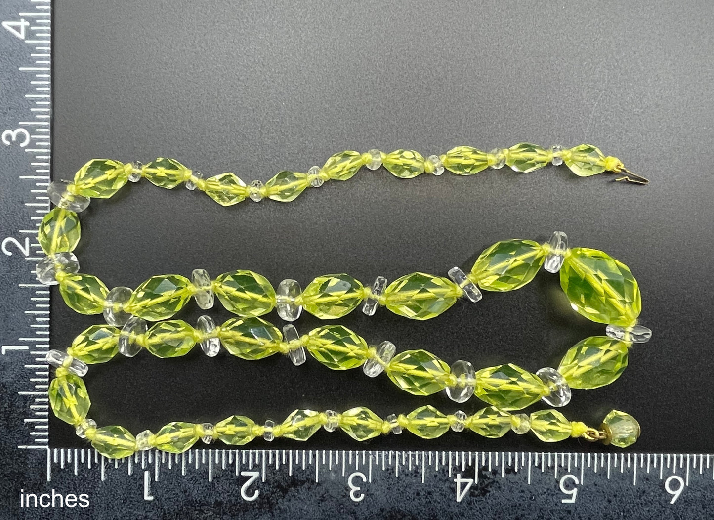 Vintage uranium glass and clear faceted crystal bead Art Deco necklace with pretty bead box clasp - fabulous beads that glow under UV light