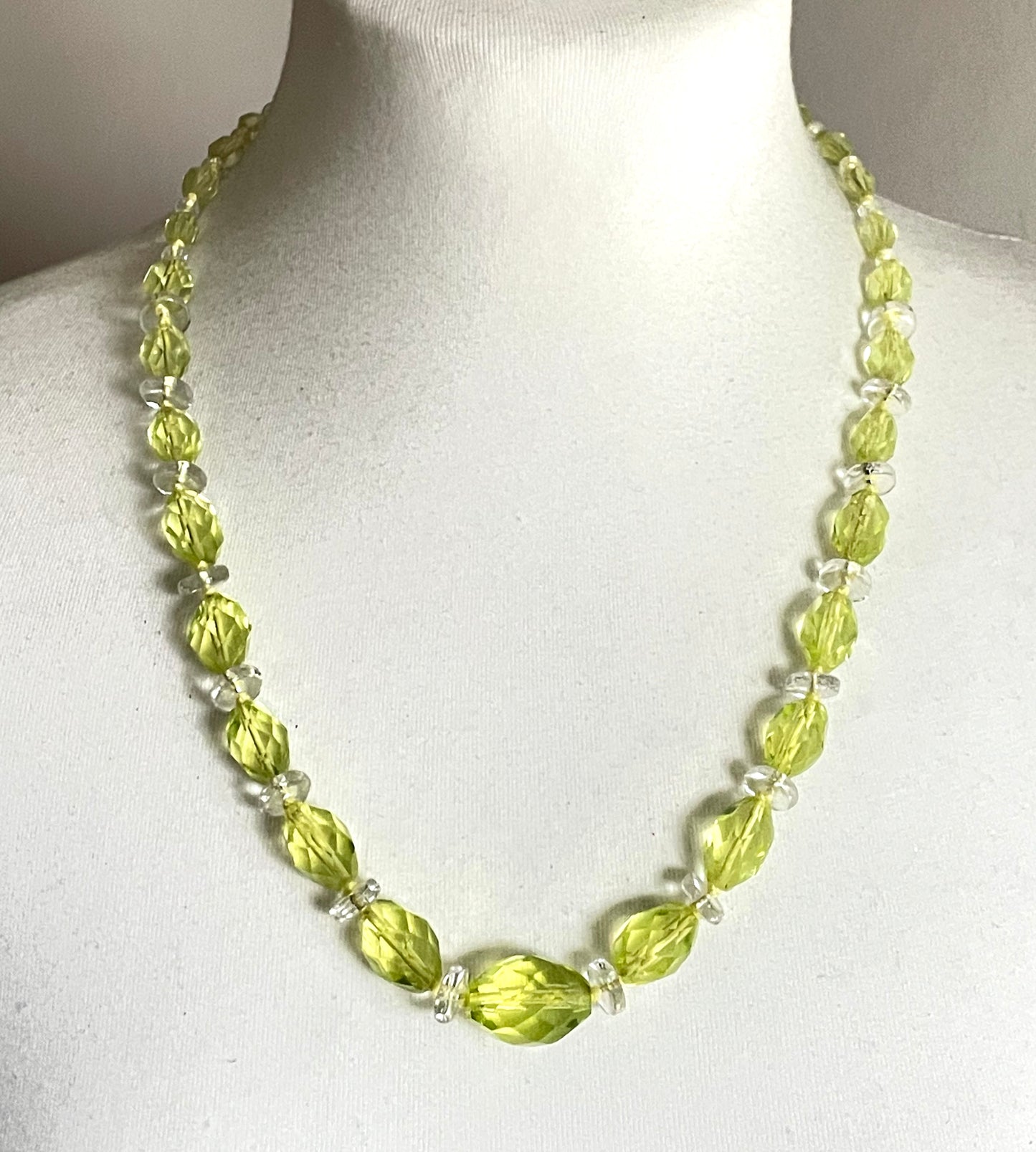 Vintage uranium glass and clear faceted crystal bead Art Deco necklace with pretty bead box clasp - fabulous beads that glow under UV light