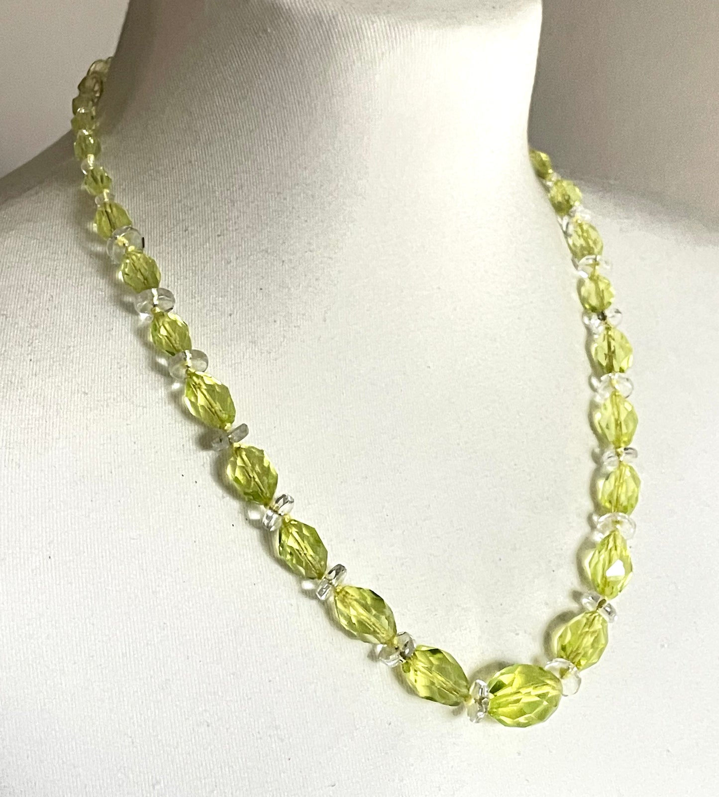 Vintage uranium glass and clear faceted crystal bead Art Deco necklace with pretty bead box clasp - fabulous beads that glow under UV light