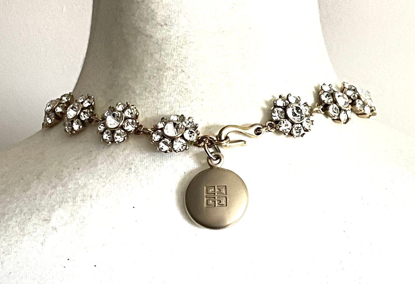 Vintage Givenchy rhinestone daisy riviere necklace, gold plated, couture, designer piece, in a presentation box