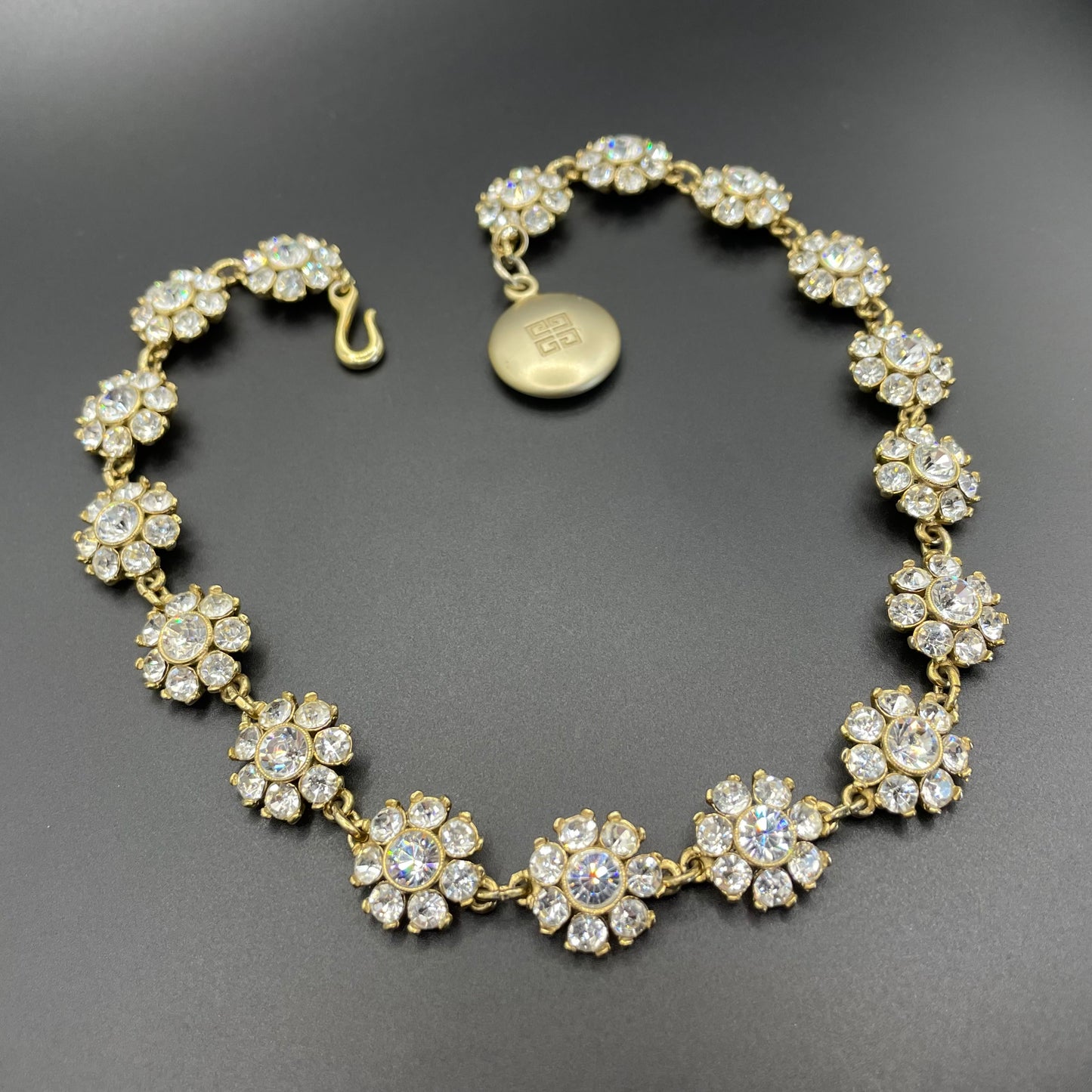 Vintage Givenchy rhinestone daisy riviere necklace, gold plated, couture, designer piece, in a presentation box