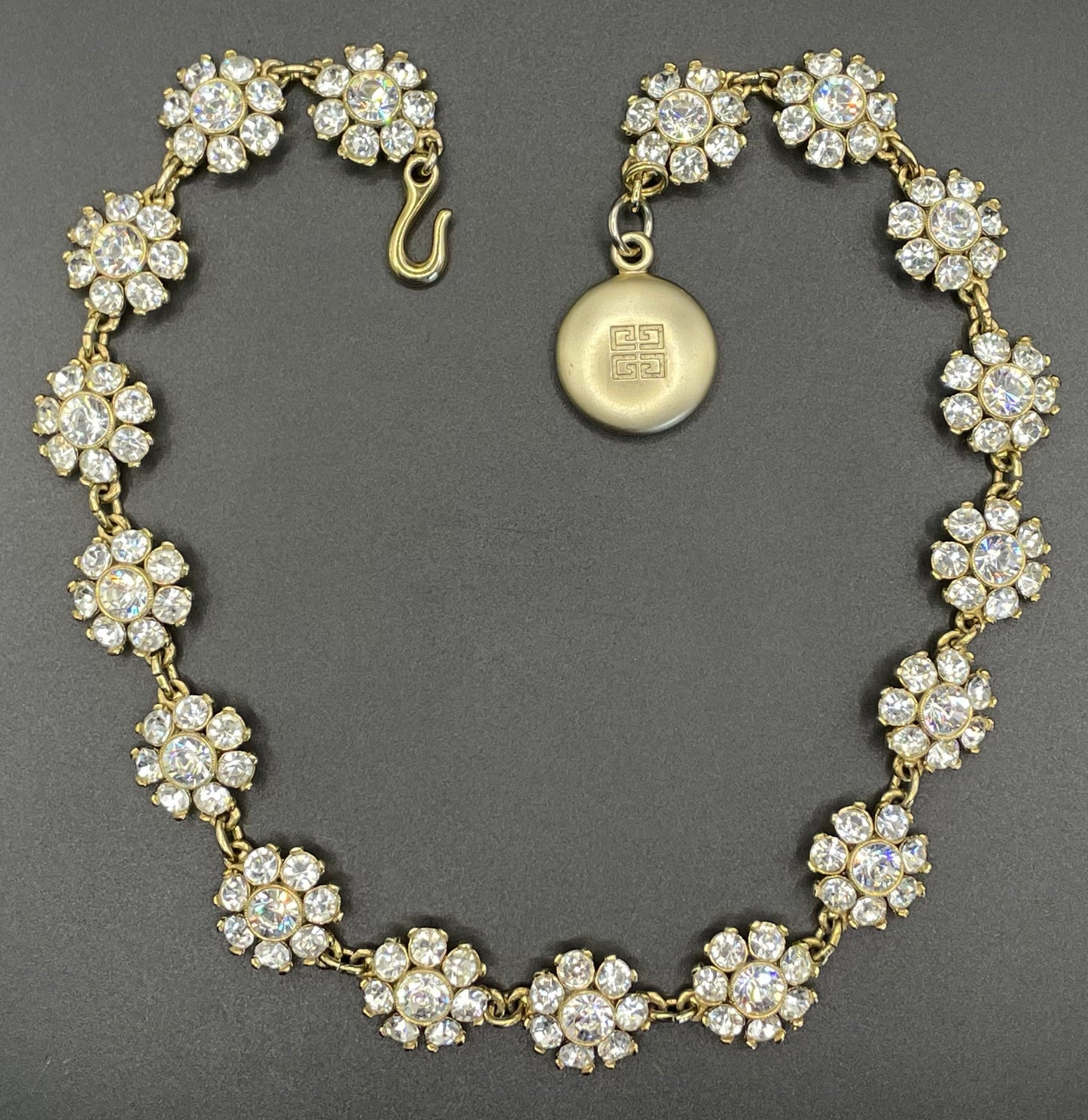 Vintage Givenchy rhinestone daisy riviere necklace, gold plated, couture, designer piece, in a presentation box