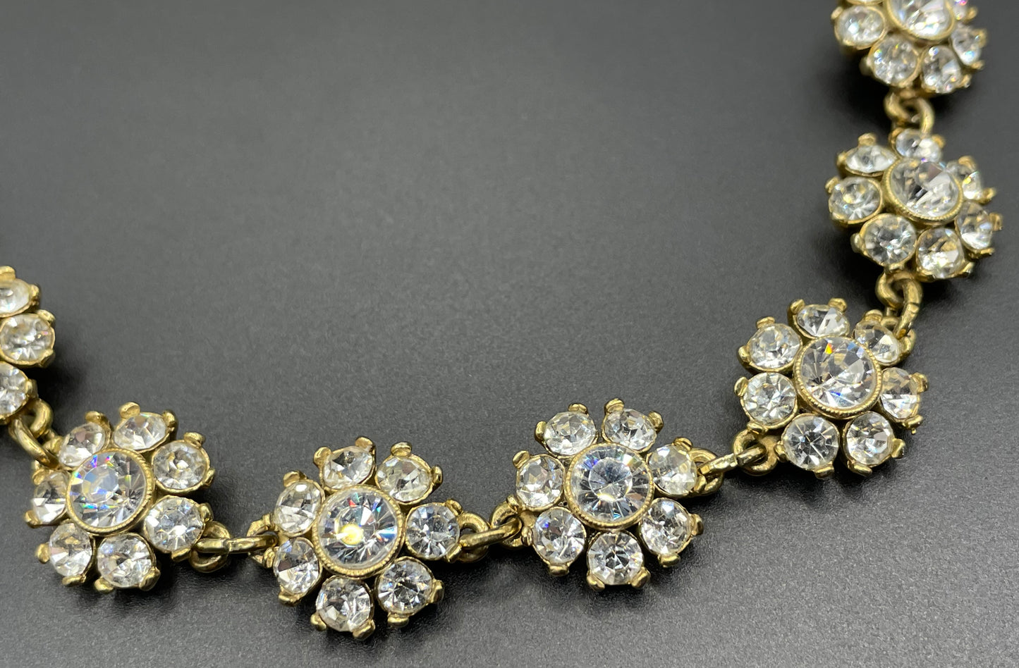 Vintage Givenchy rhinestone daisy riviere necklace, gold plated, couture, designer piece, in a presentation box