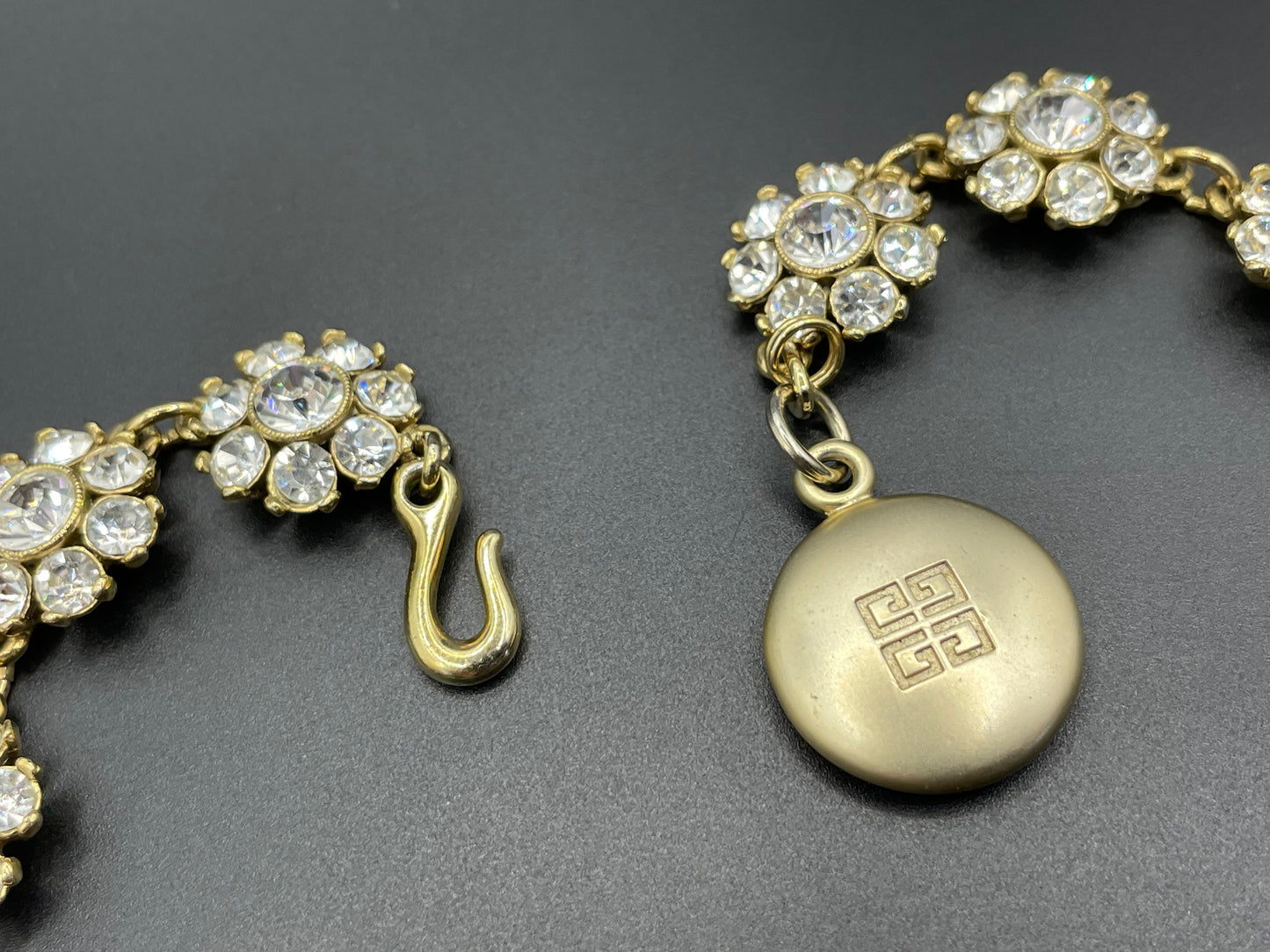 Vintage Givenchy rhinestone daisy riviere necklace, gold plated, couture, designer piece, in a presentation box