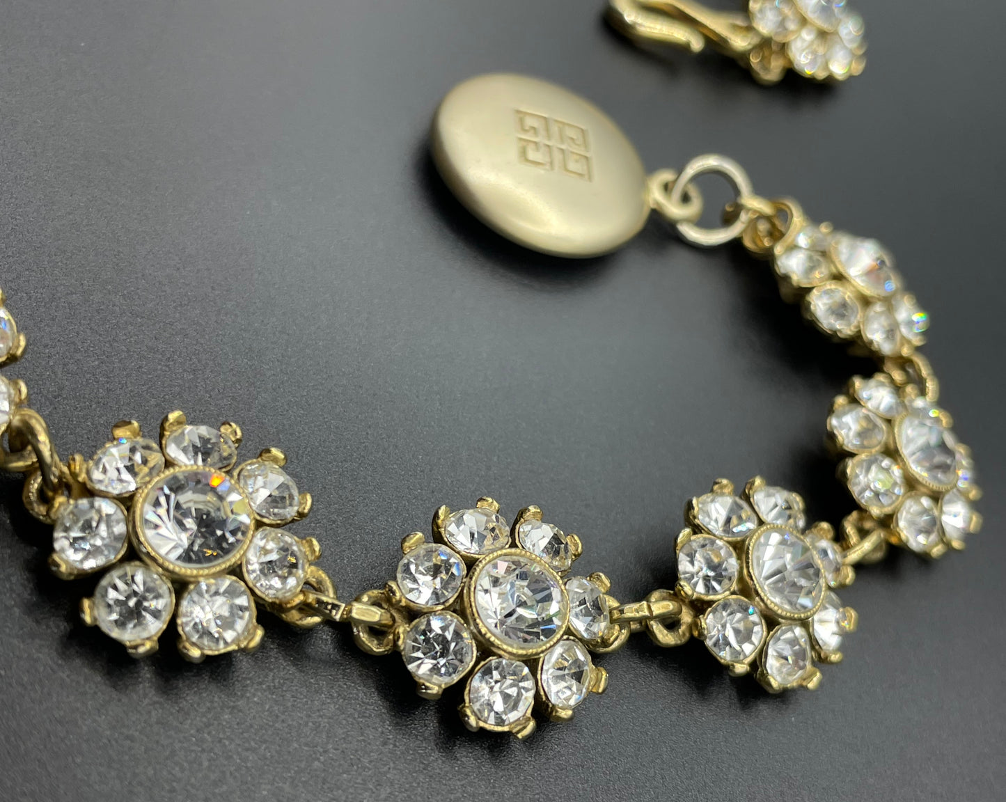Vintage Givenchy rhinestone daisy riviere necklace, gold plated, couture, designer piece, in a presentation box
