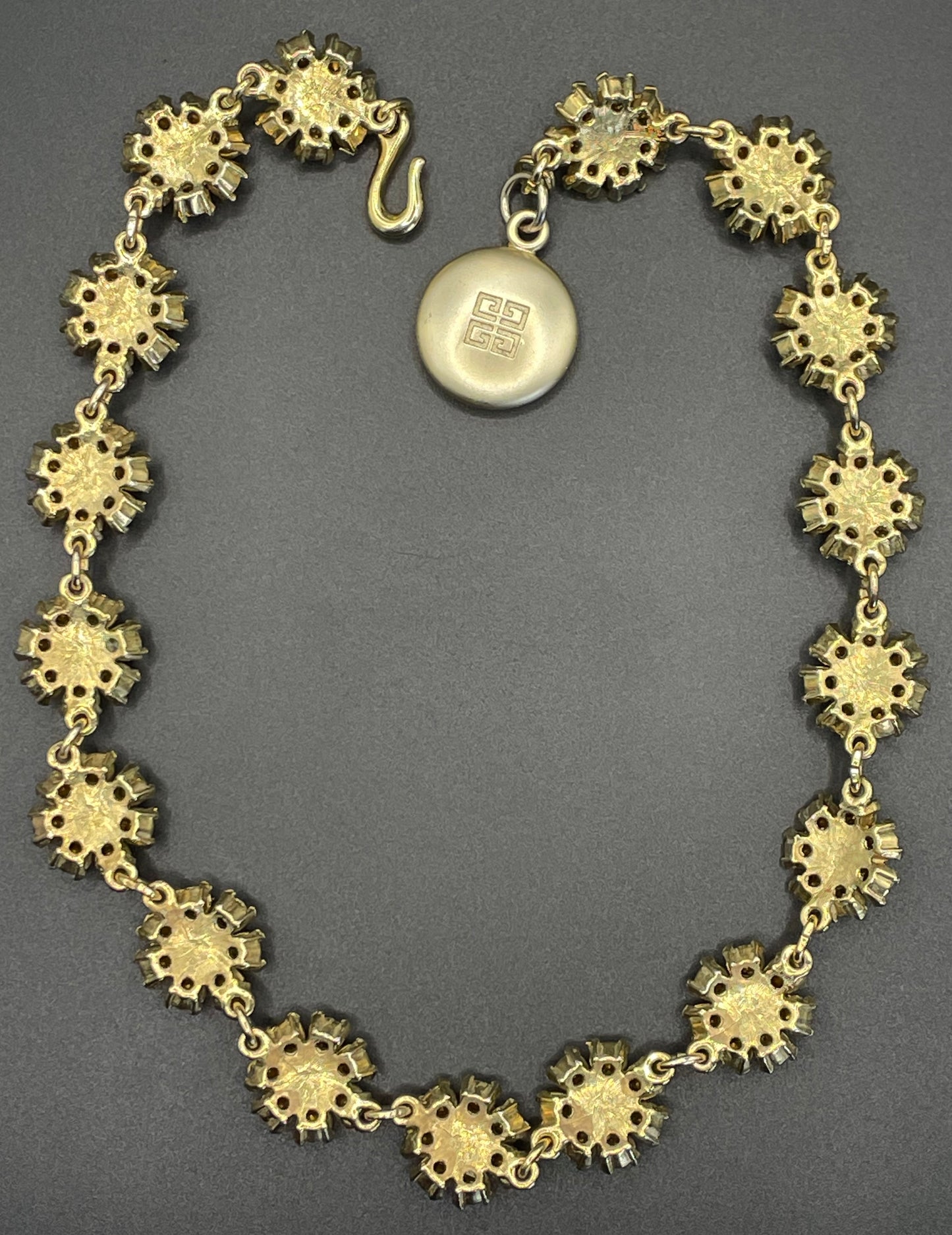 Vintage Givenchy rhinestone daisy riviere necklace, gold plated, couture, designer piece, in a presentation box