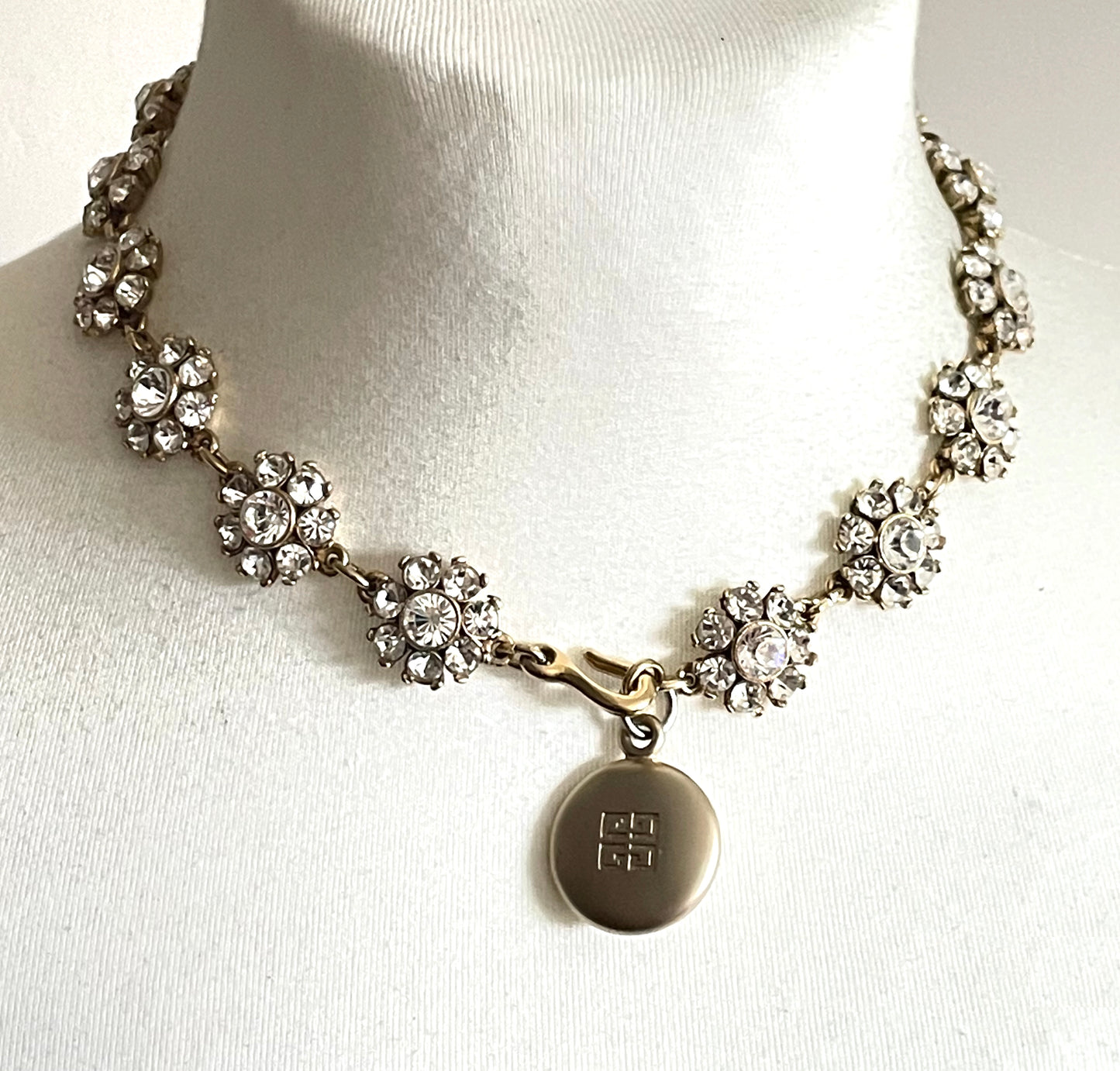 Vintage Givenchy rhinestone daisy riviere necklace, gold plated, couture, designer piece, in a presentation box